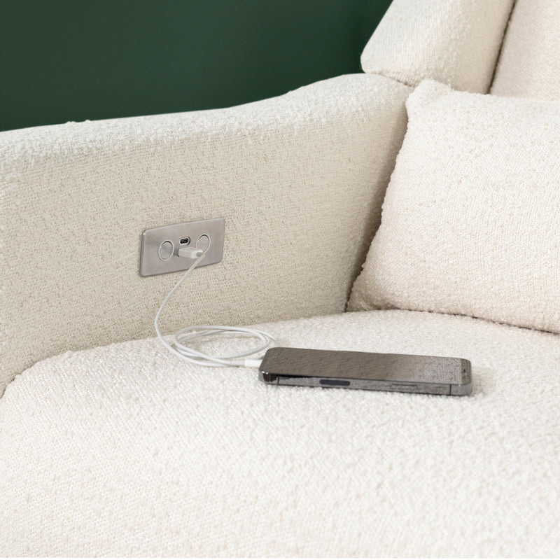 M11288WBG,Kiwi Glider Recliner w/ Electronic Control and USB in Ivory Boucle w/Gold Base