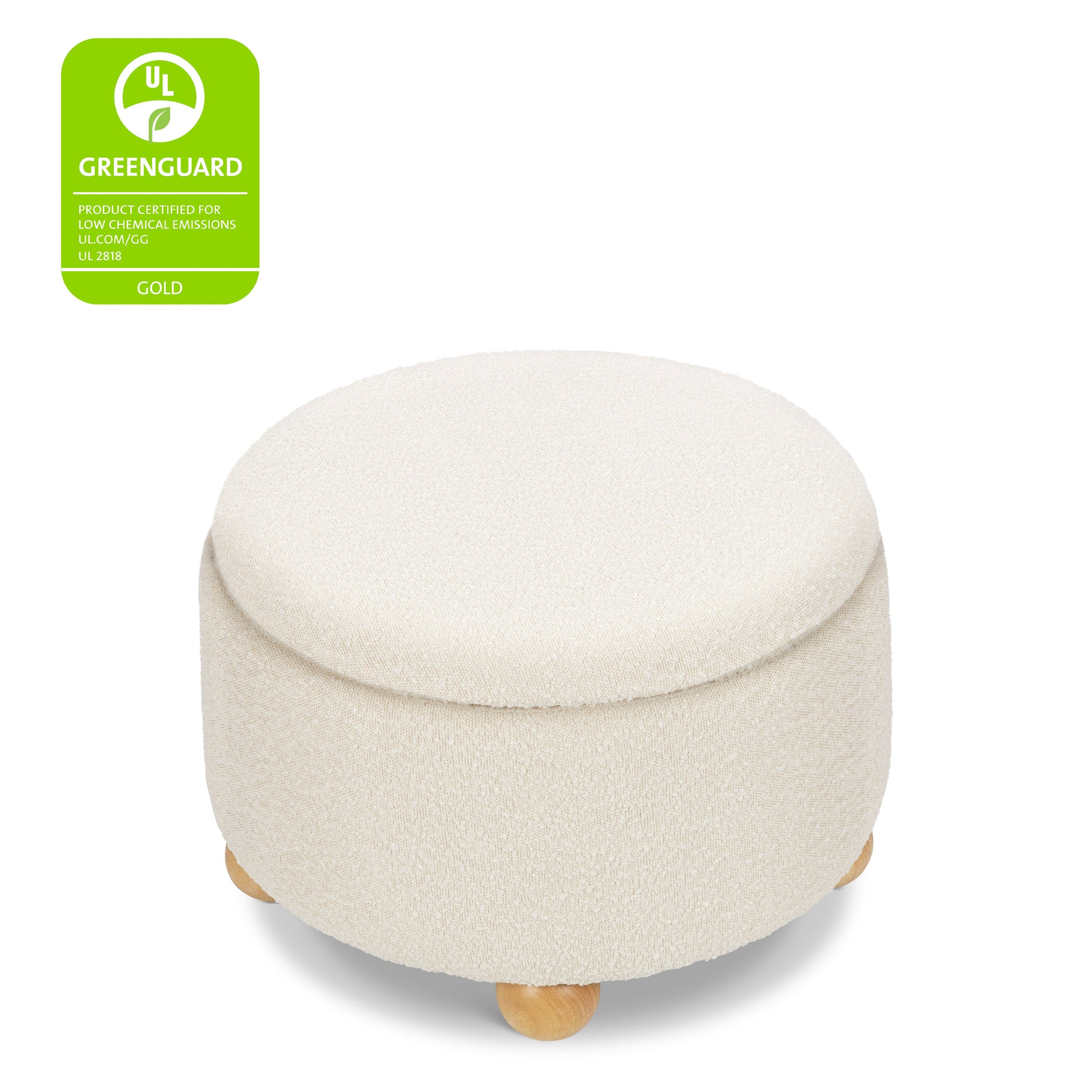 M30985PWBHF,Tuffet Storage Ottoman in Performance Ivory Boucle w/Honey Ball Feet