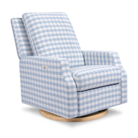 M22286BGHLB,Crewe Electronic Swivel Glider Recliner in Blue Gingham with Light Wood Base