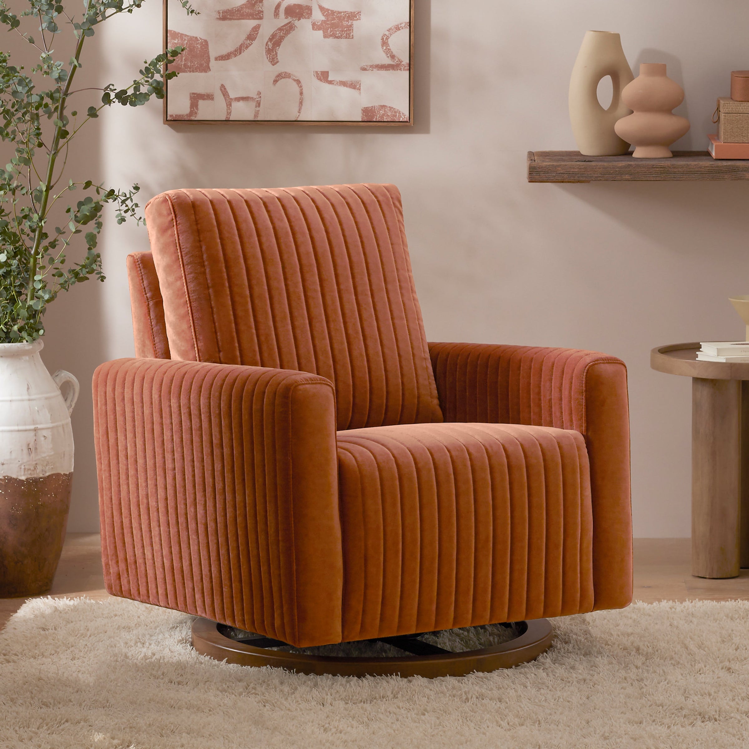 M26687RTVDB,Poe Channeled Swivel Glider in Rust Velvet with Dark Wood Base