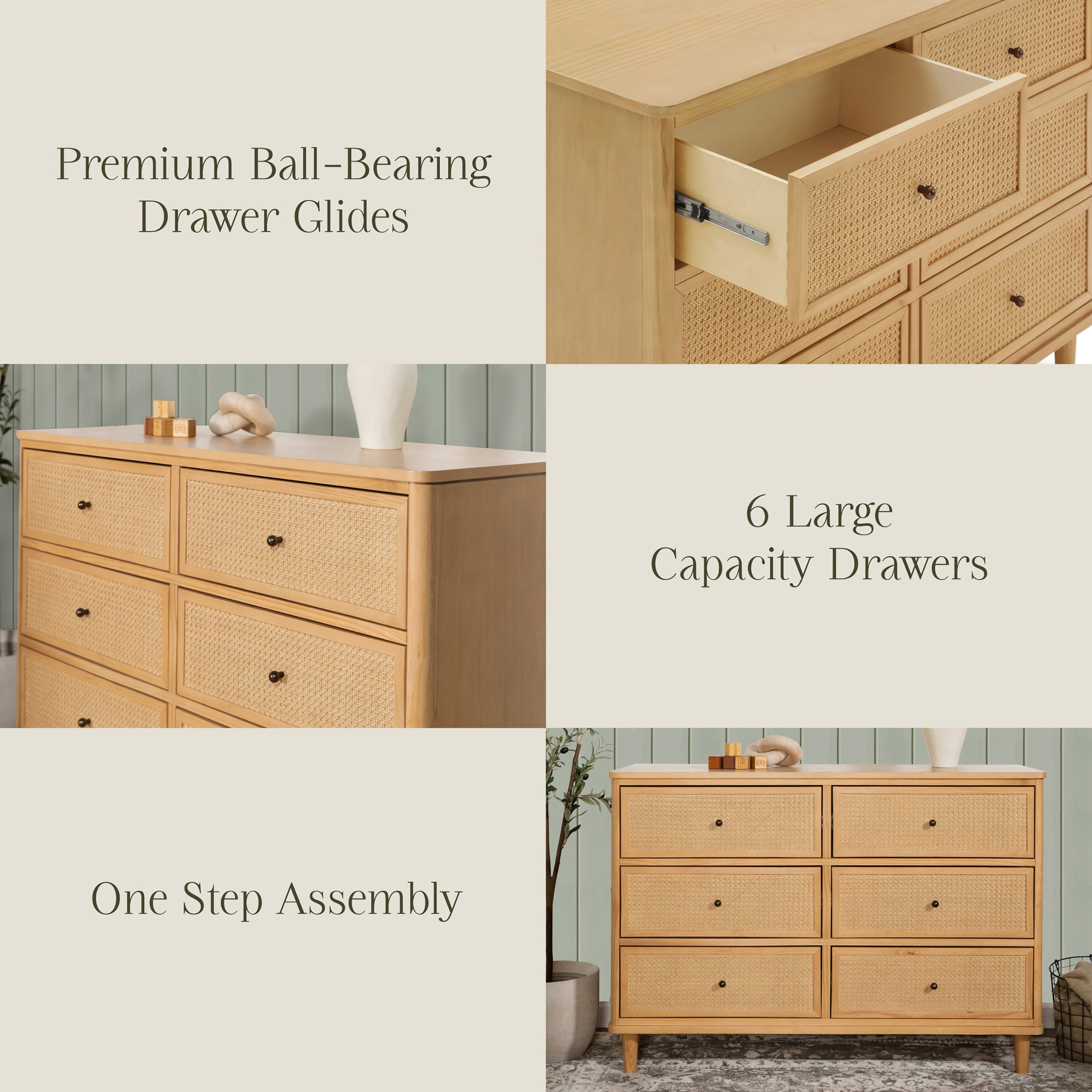M23716HYHC,Marin with Cane 6 Drawer Assembled Dresser in Honey and Honey Cane