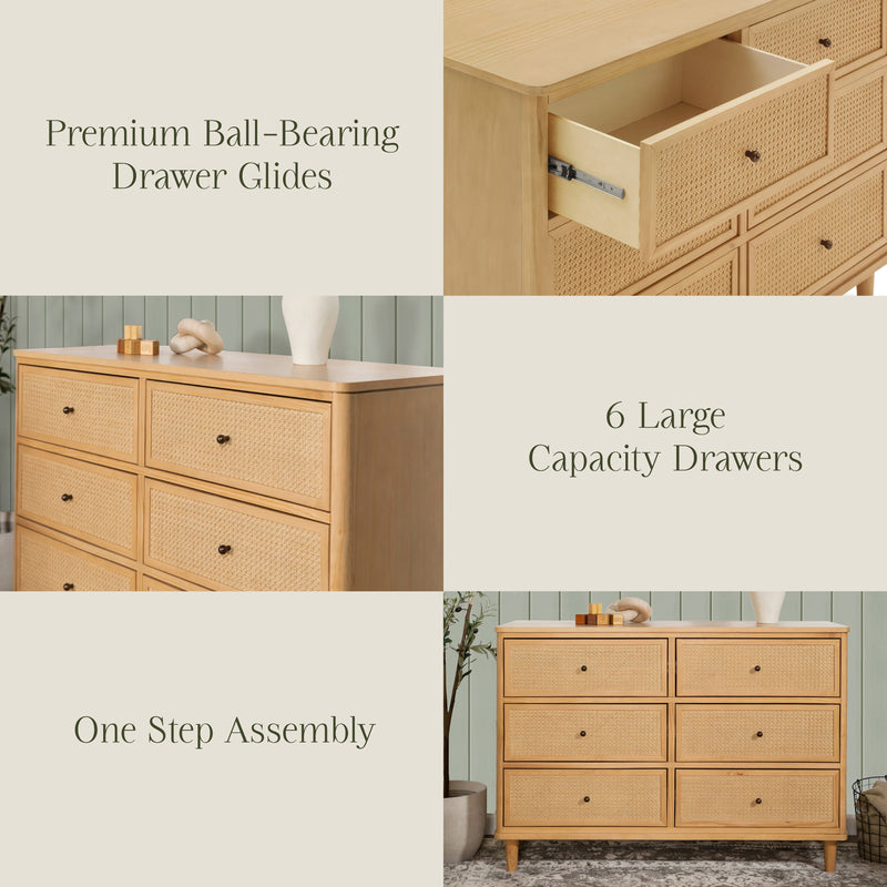M23716HYHC,Marin with Cane 6 Drawer Assembled Dresser in Honey and Honey Cane
