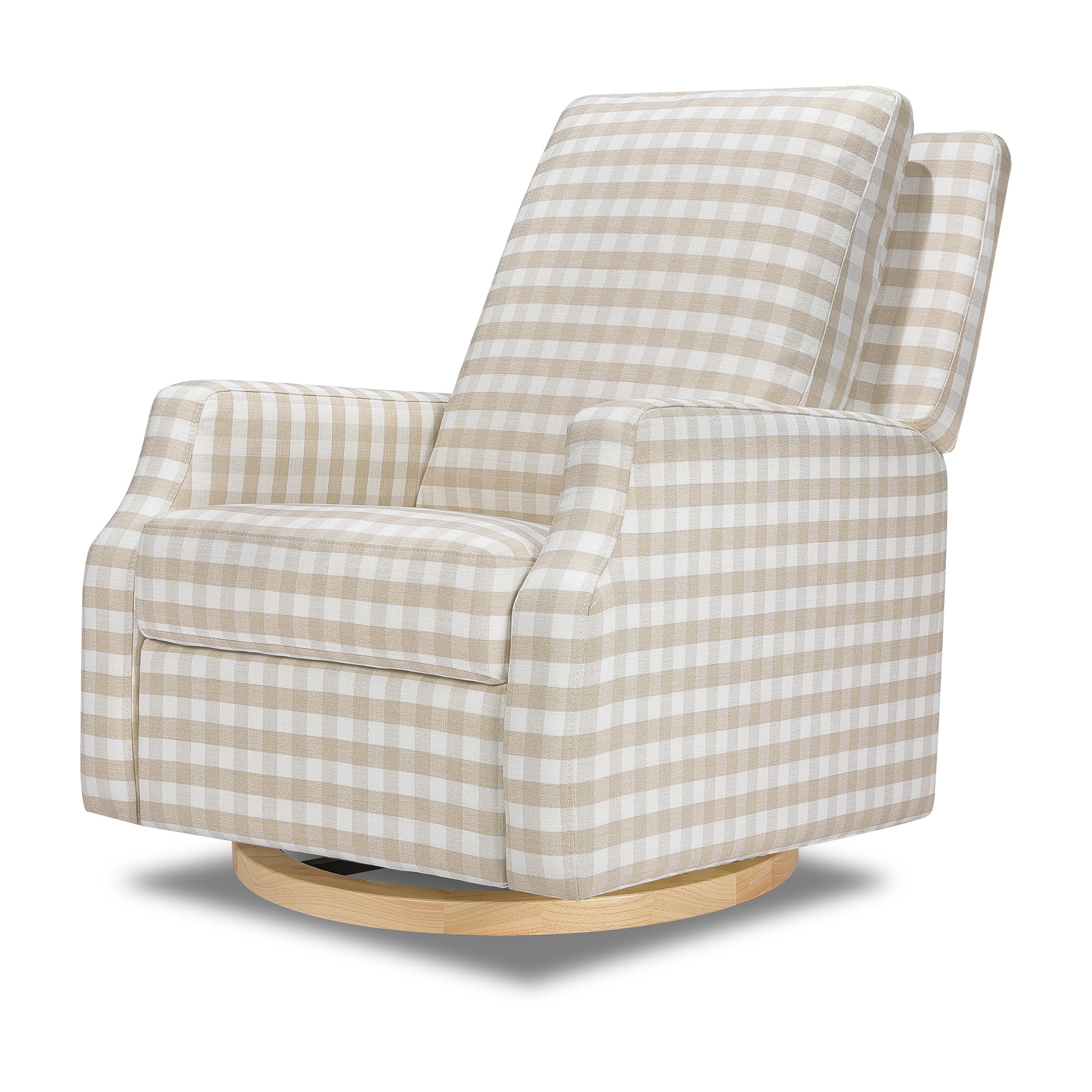 M22287TGHLB,Crewe Recliner and Swivel Glider in Tan Gingham with Light Wood Base