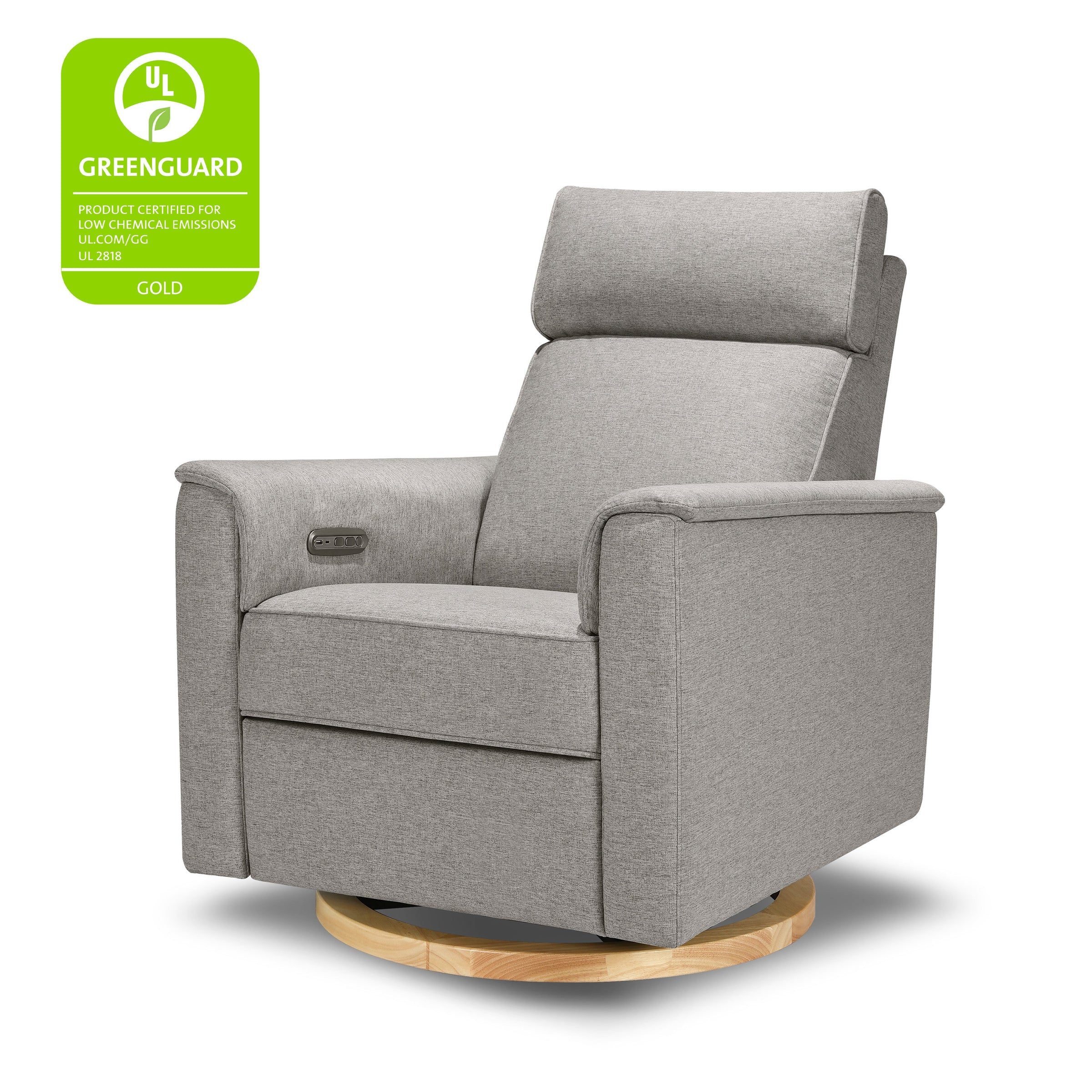 B17186PGEWLB,Willa Plus Power Glider Recliner w/ Power Headrest in Performance Grey Eco-Weave w/Light Wood Base