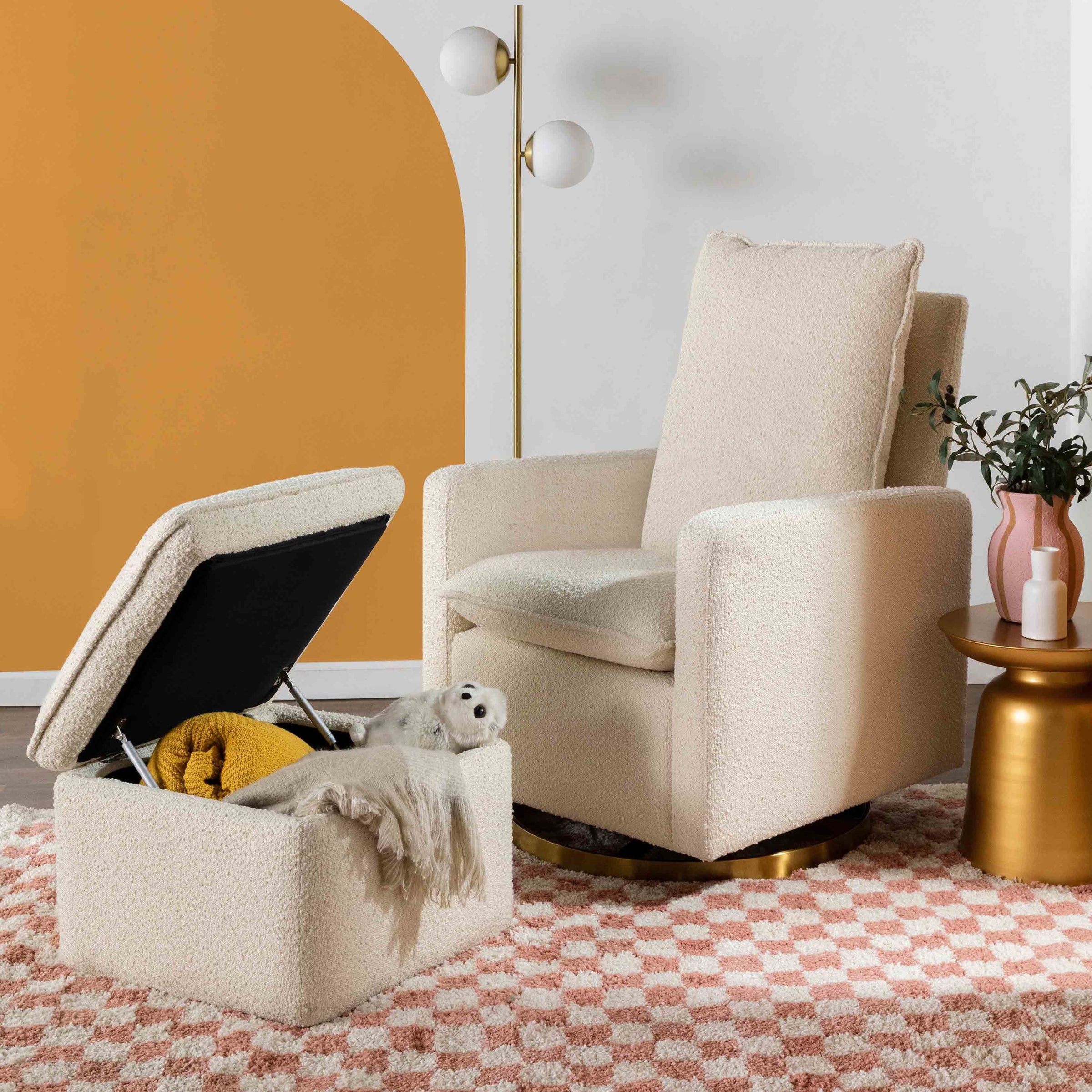 M20987WBG,Cali Pillowback Swivel Glider in Ivory Boucle w/ Gold Base