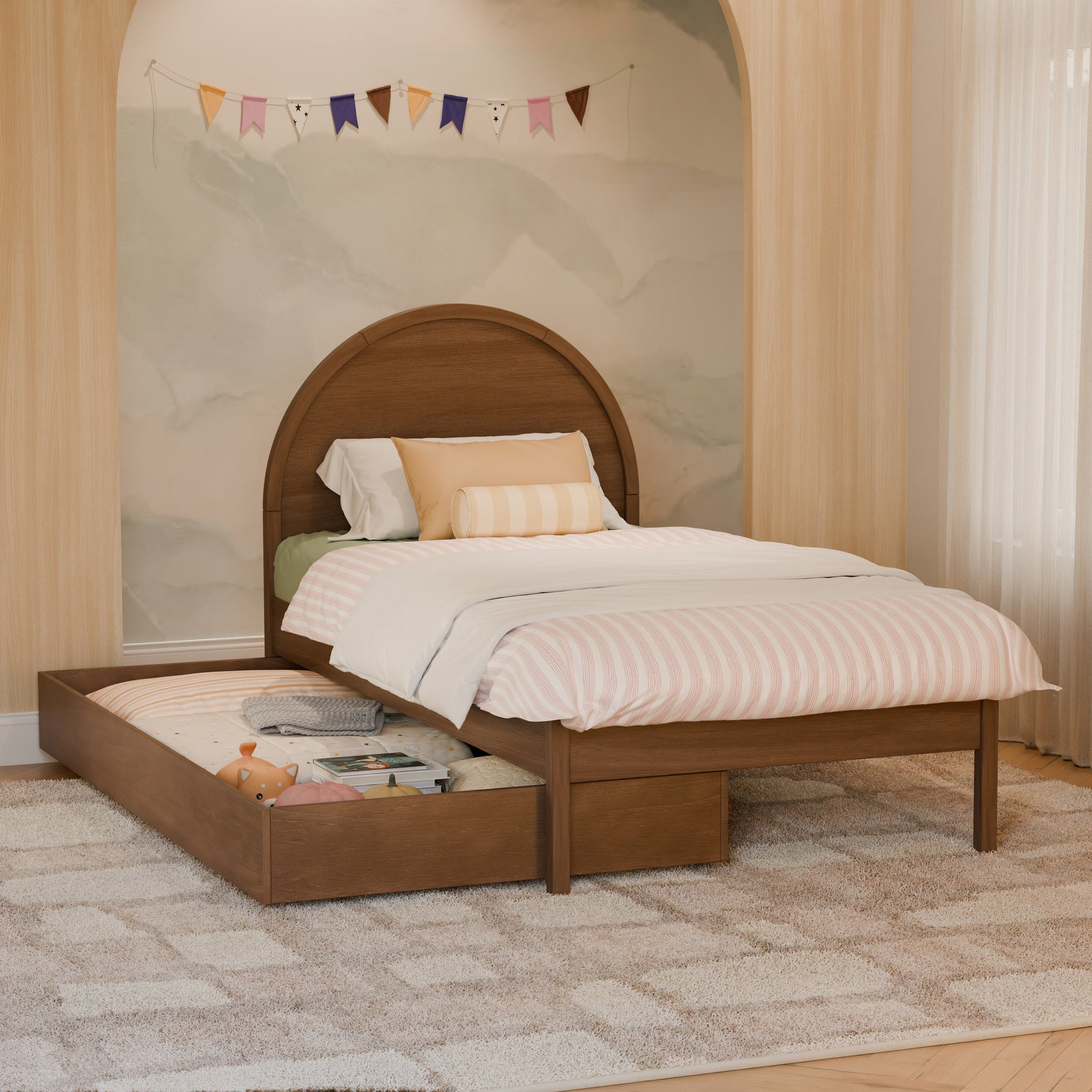 M25973NL,Twin Storage Trundle Bed in Natural Walnut