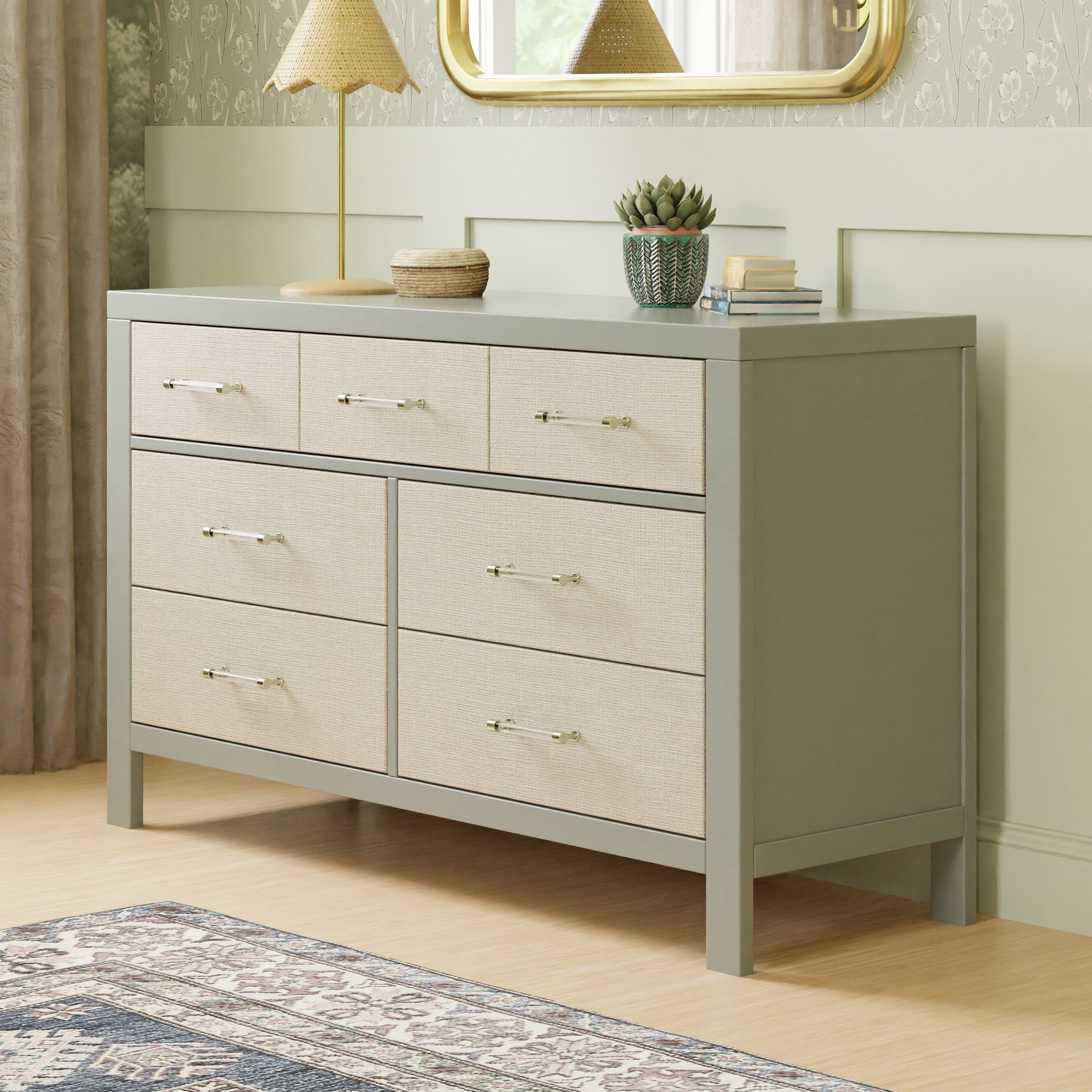 M24816FSPSEW,Eloise 7-Drawer Assembled Dresser in French Sage and Performance Sand Eco-Weave