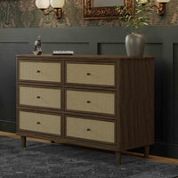 M23716NLBC,Marin with Cane 6 Drawer Assembled Dresser in Natural Walnut and Blonde Cane