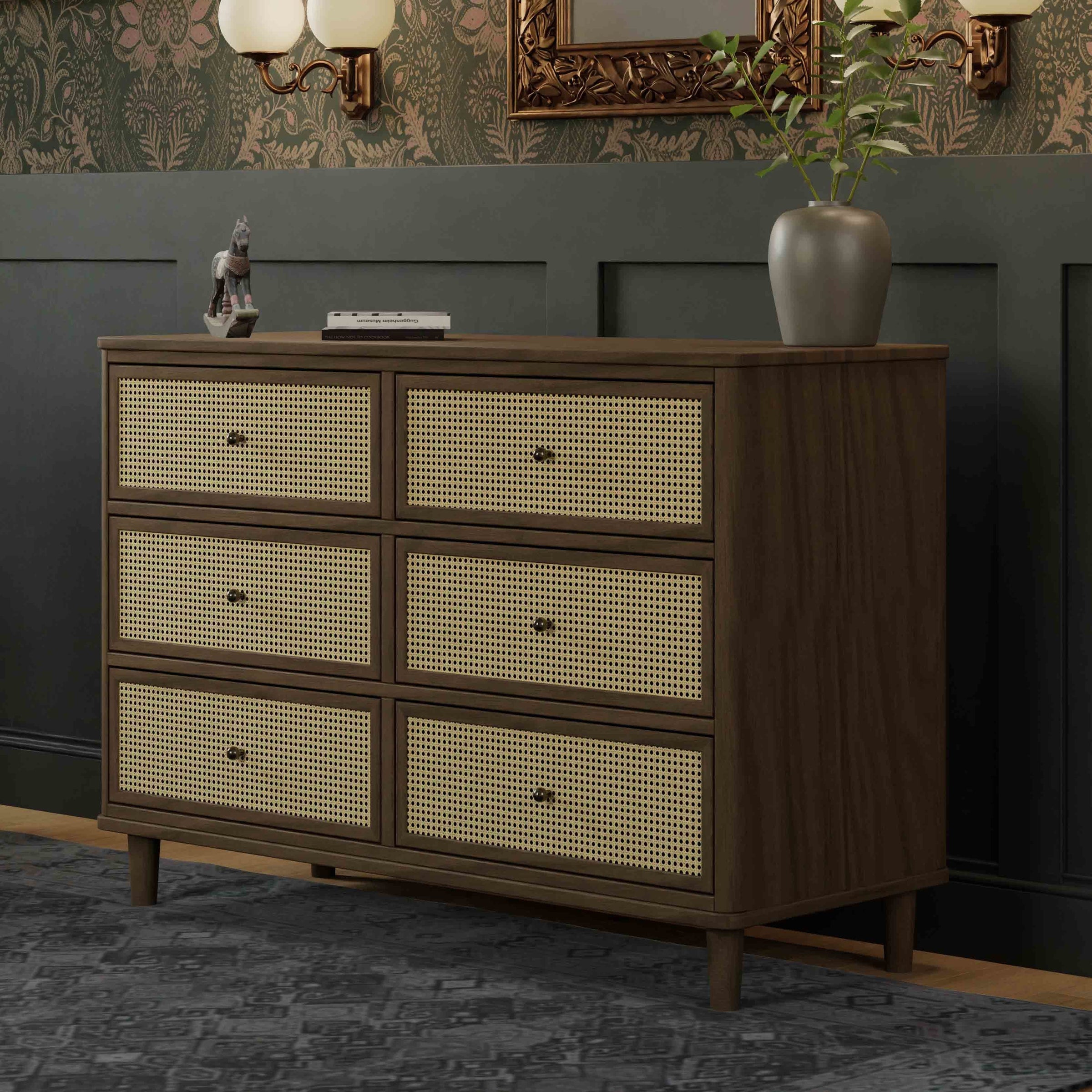 M23716NLBC,Marin with Cane 6 Drawer Assembled Dresser in Natural Walnut and Blonde Cane