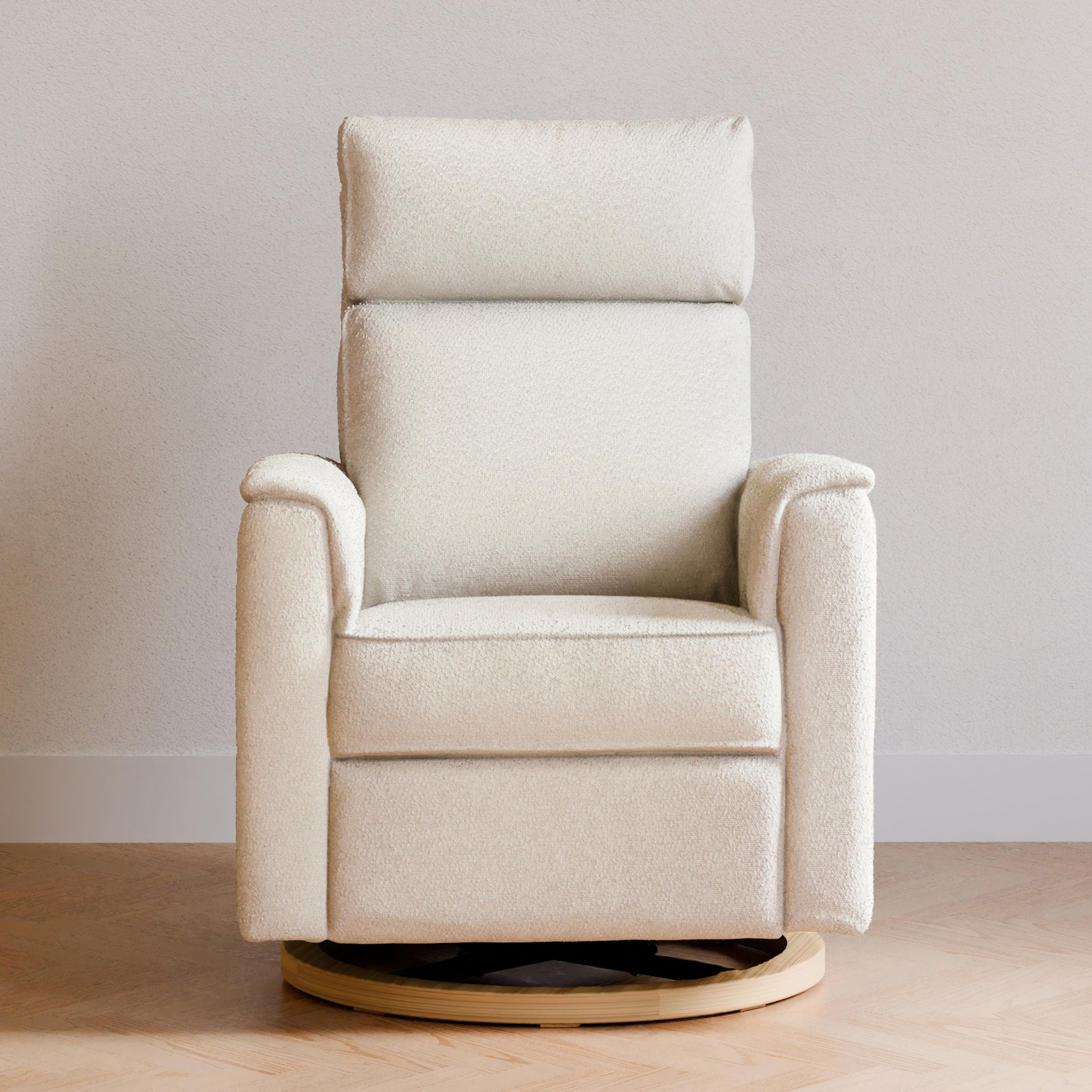 B17186WBLB,Willa Plus Power Glider Recliner w/ Power Headrest in Ivory Boucle with Light Wood Base