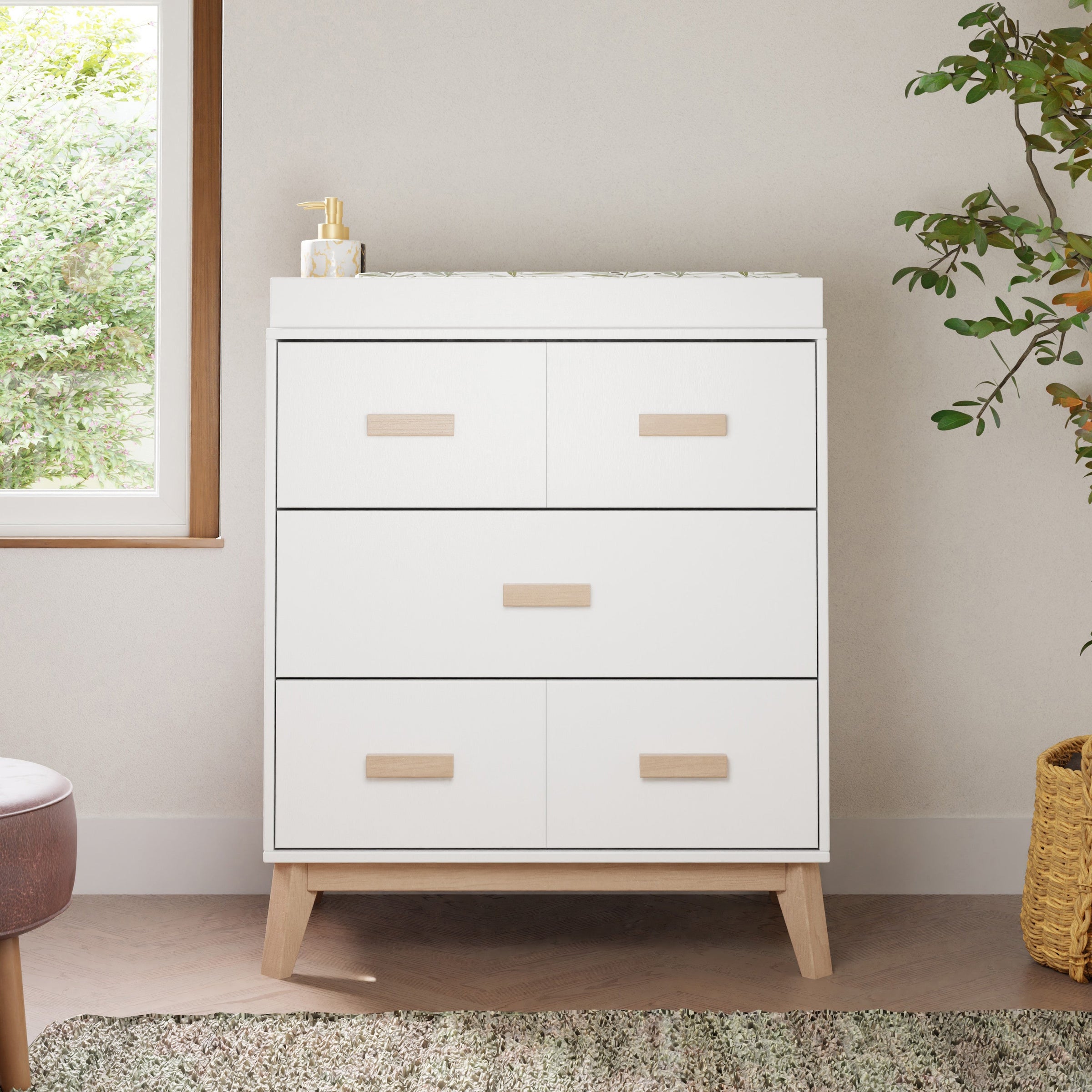 M5823WNX,Scoot 3-Drawer Changer Dresser in White/Washed Natural Finish
