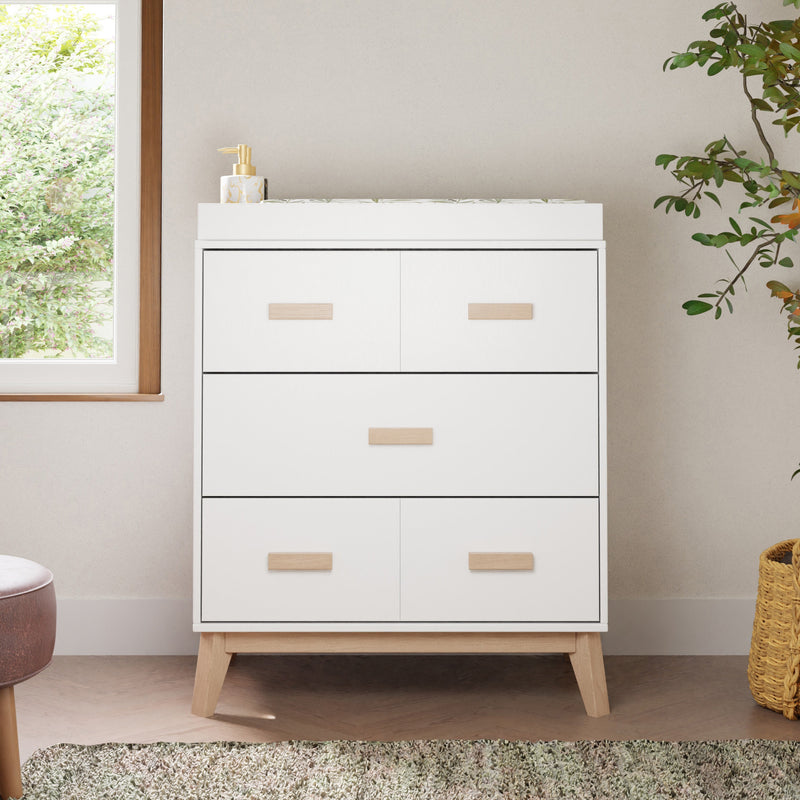 M5823WNX,Scoot 3-Drawer Changer Dresser in White/Washed Natural Finish