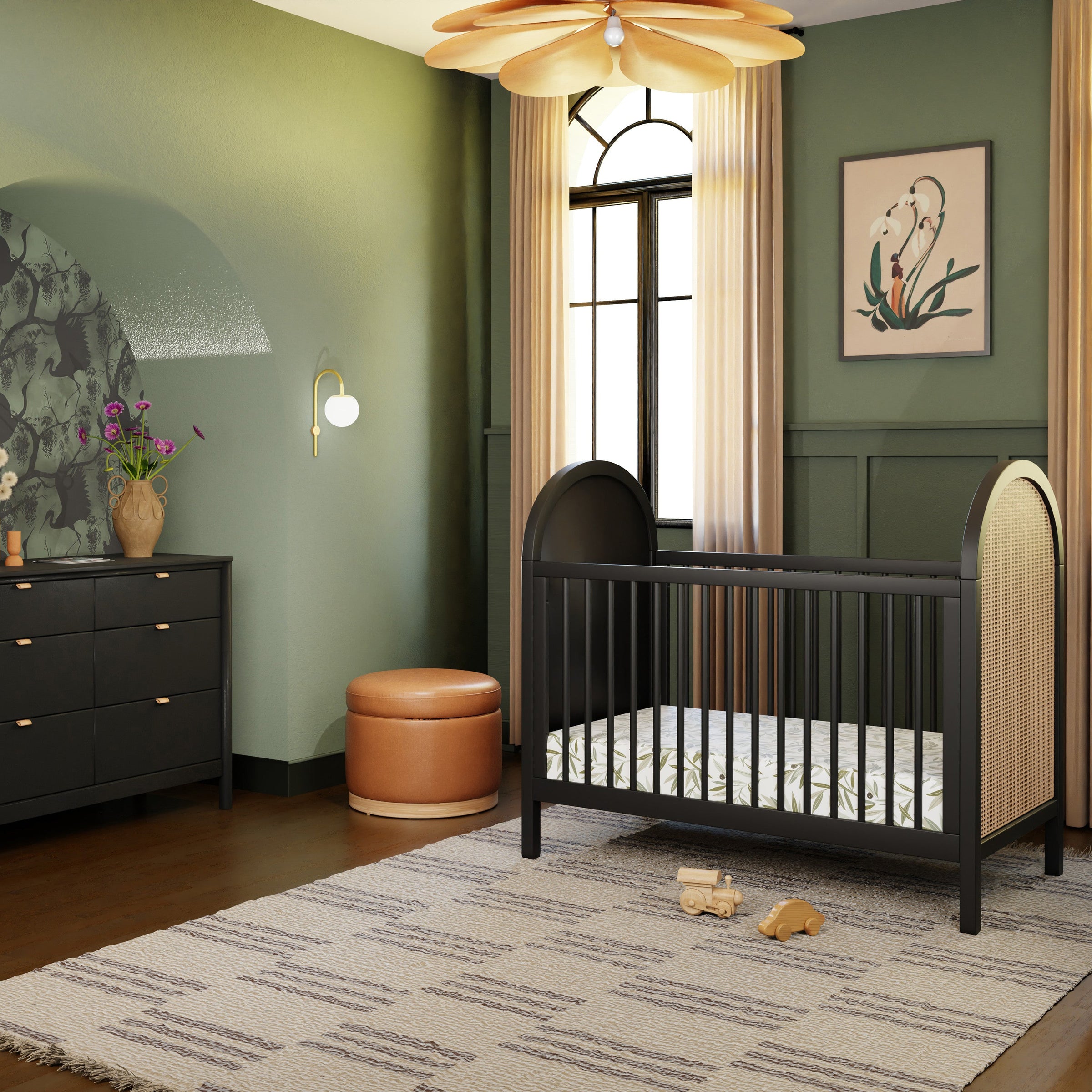 M25601BNC,Bondi Cane 3-in-1 Convertible Crib w/ Toddler Bed Kit in Black with Natural Cane