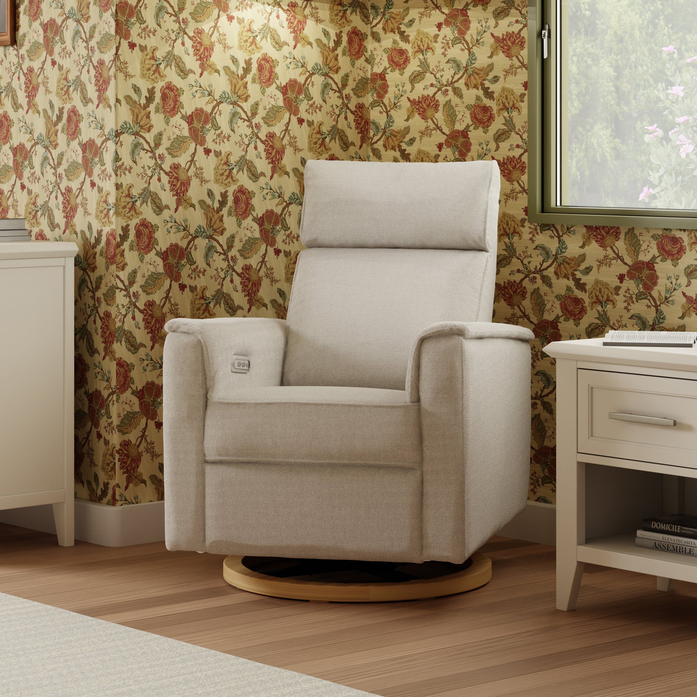 B17186PCMEWLB,Willa Plus Power Glider Recliner w/ Power Headrest in Performance Cream Eco-Weave w/Light Wood base