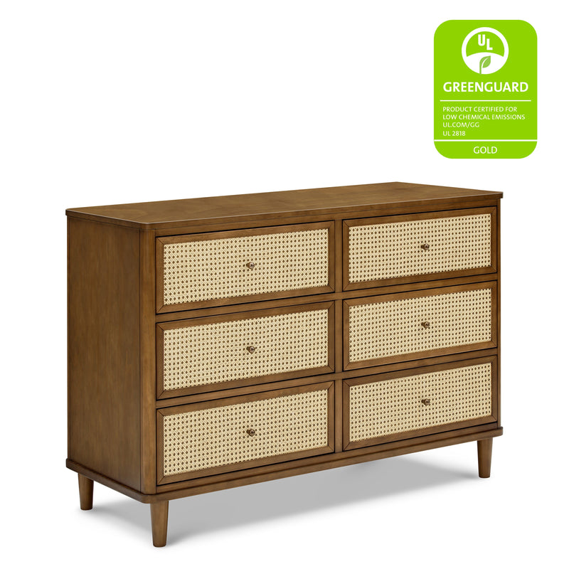 M23716NLBC,Marin with Cane 6 Drawer Assembled Dresser in Natural Walnut and Blonde Cane