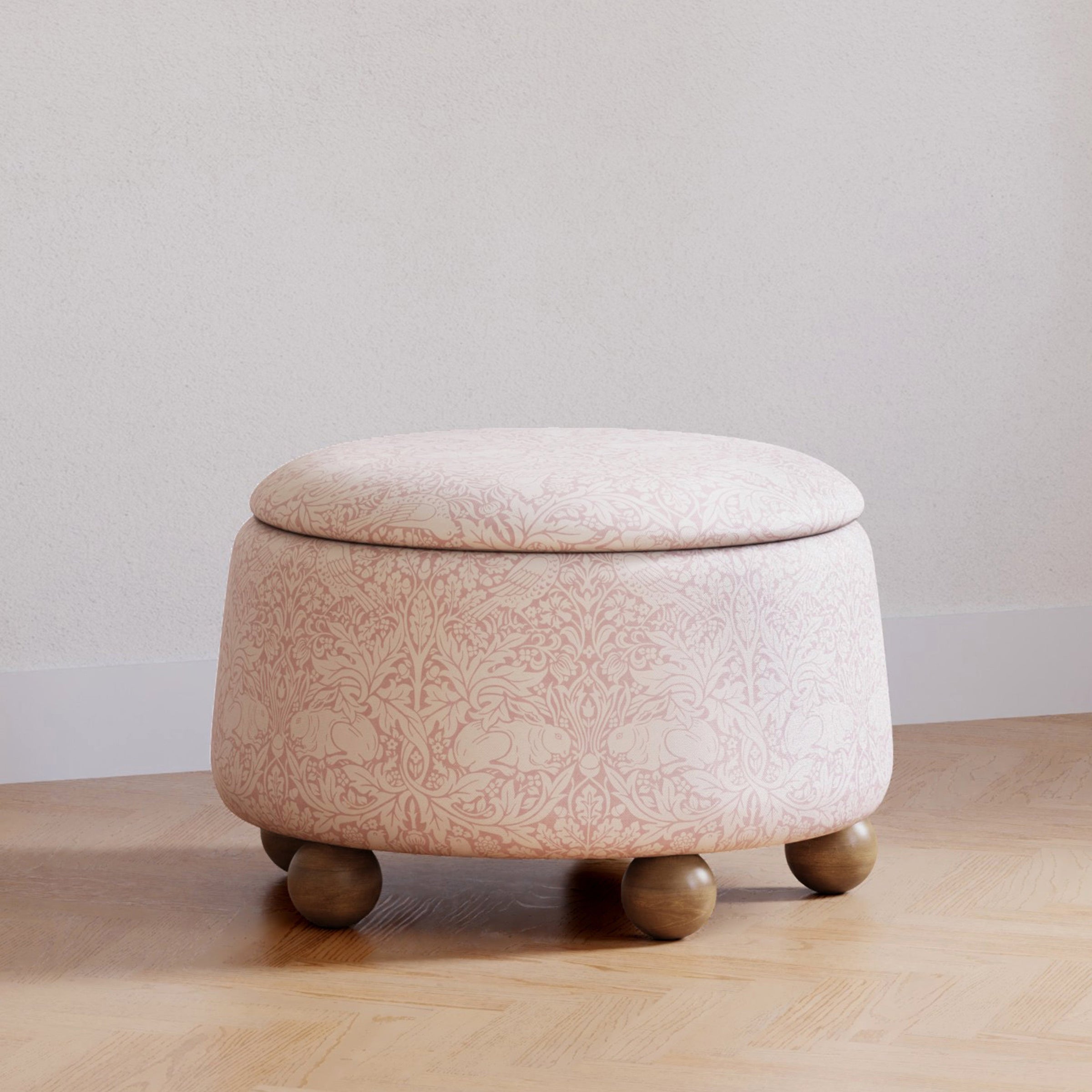 M30985PBRRDF,Tuffet Storage Ottoman Pure Brer Rabbit in Rose w/Dark Wood Ball Feet