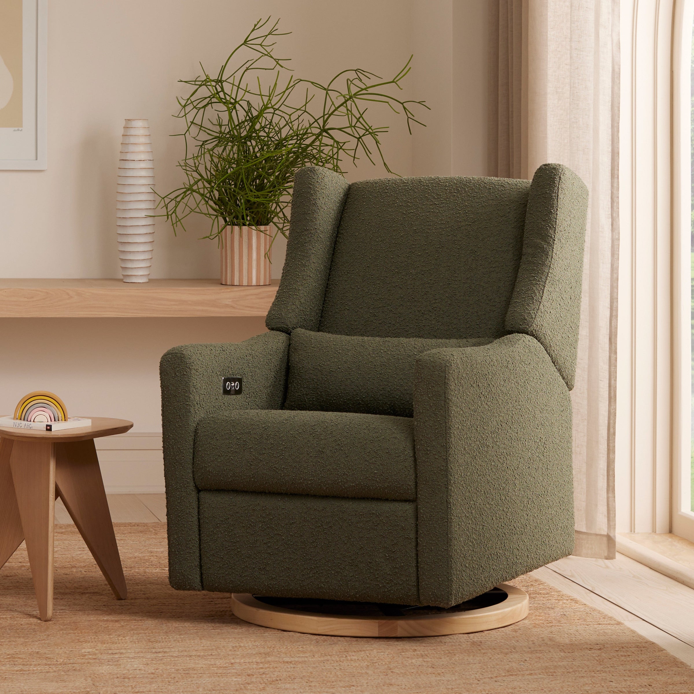 M11288OBLB,Kiwi Glider Recliner w/ Electronic Control and USB in Olive Boucle w/Light Wood Base