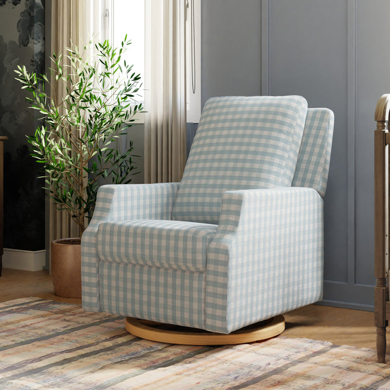 M22287BGHLB,Crewe Recliner and Swivel Glider in Blue Gingham with Light Wood Base