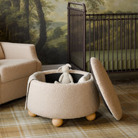 M30985CSGHF,Tuffet Storage Ottoman in Chai Shearling w/Honey Ball Feet