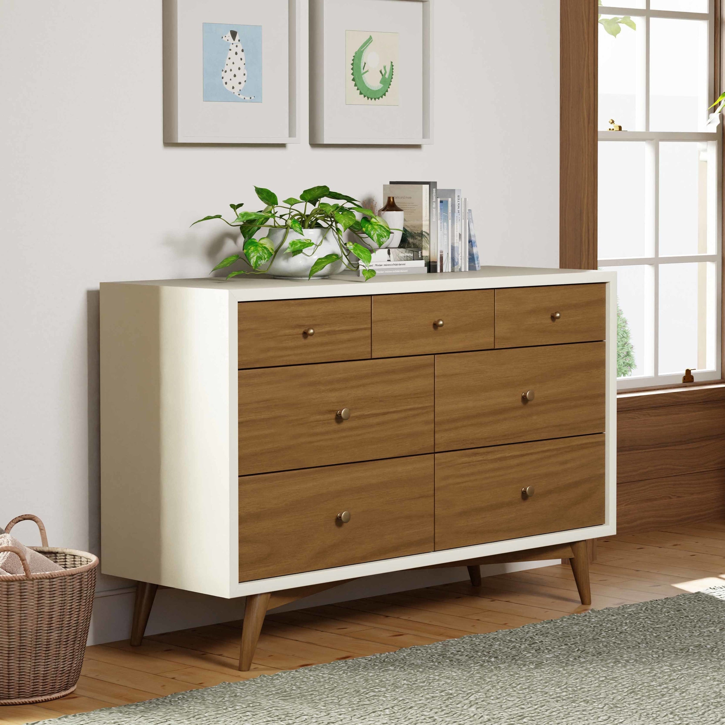 M15916RWNL,Palma 7-Drawer Double Dresser  Assembled in Warm White w/Natural Walnut