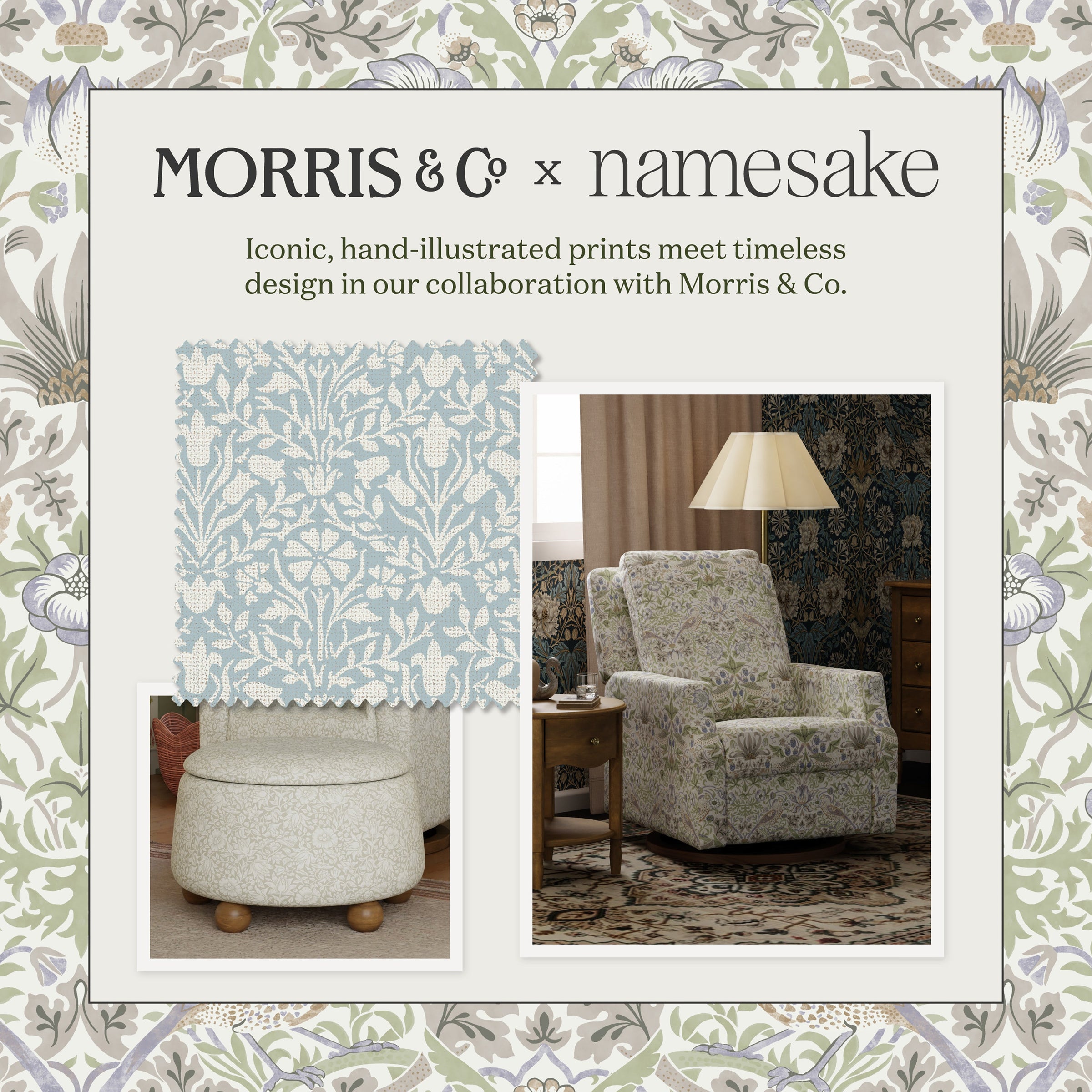 M21785BPB,Morris & Co. x Namesake Crawford Gliding Ottoman in Bellflowers in Powdered Blue