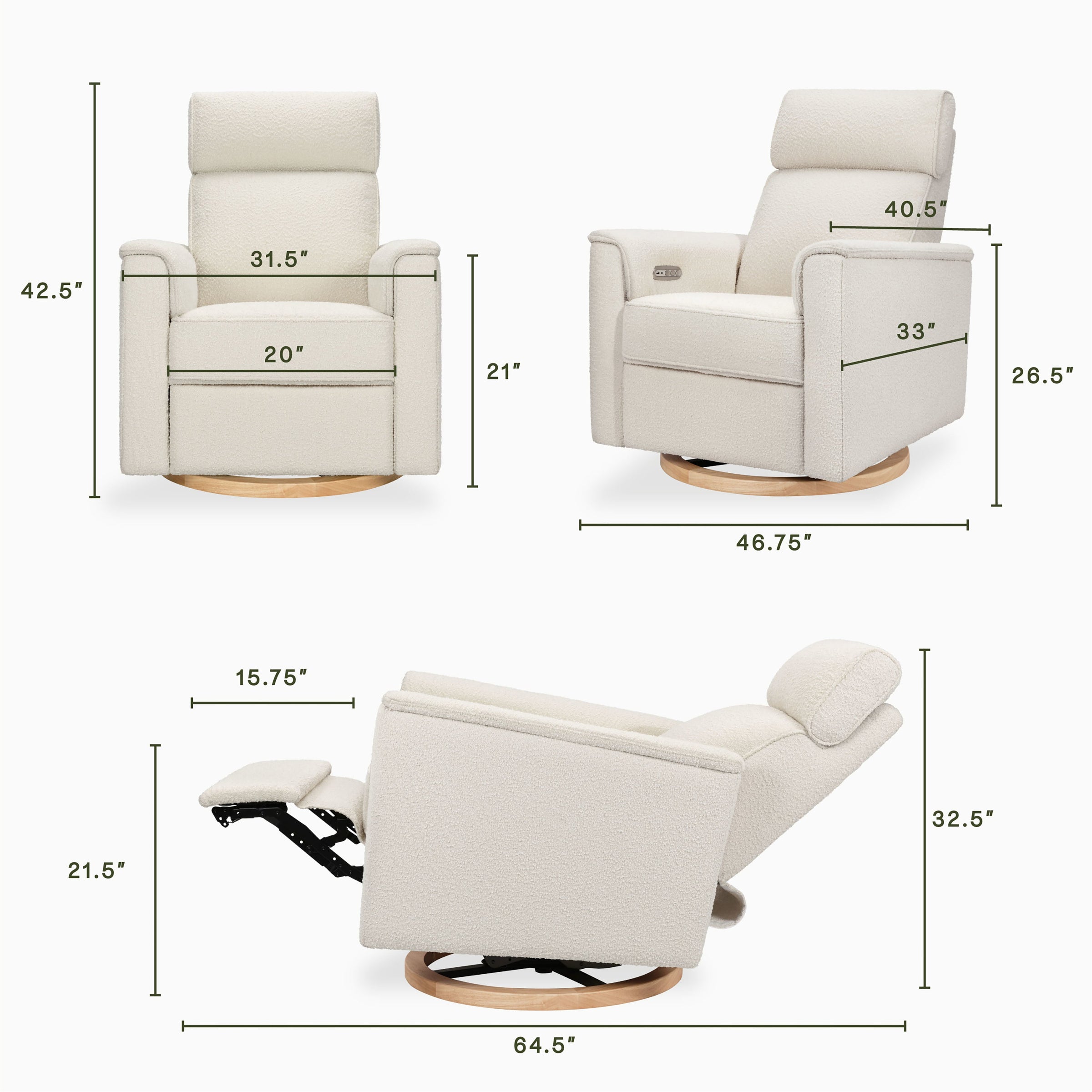 B17186WBLB,Willa Plus Power Glider Recliner w/ Power Headrest in Ivory Boucle with Light Wood Base
