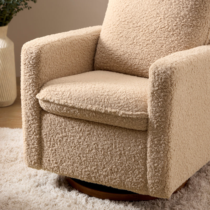 M20987CSGDB,Cali Pillowback Swivel Glider in Chai Shearling w/ Dark Wood Base