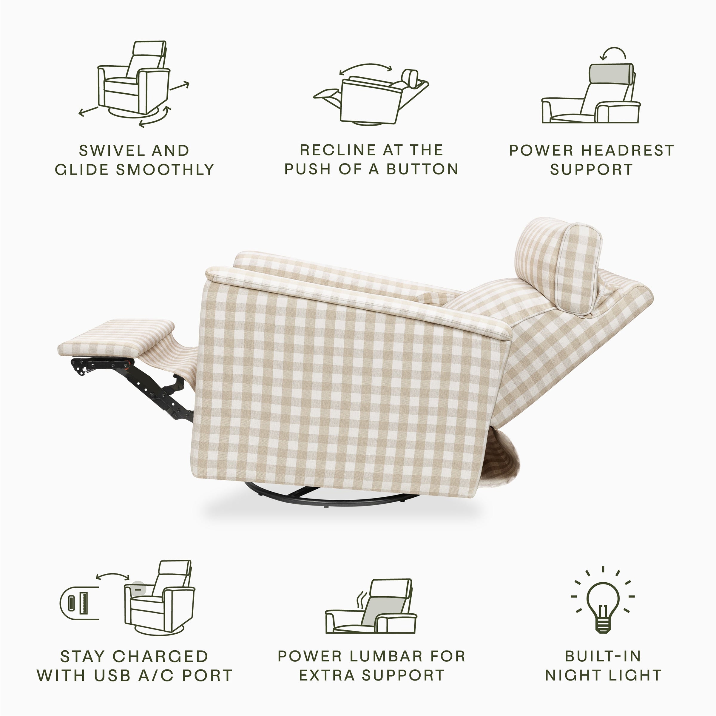 M17182TGH,Willa Pro Power Glider Recliner w/ Power Lumbar in Tan Gingham