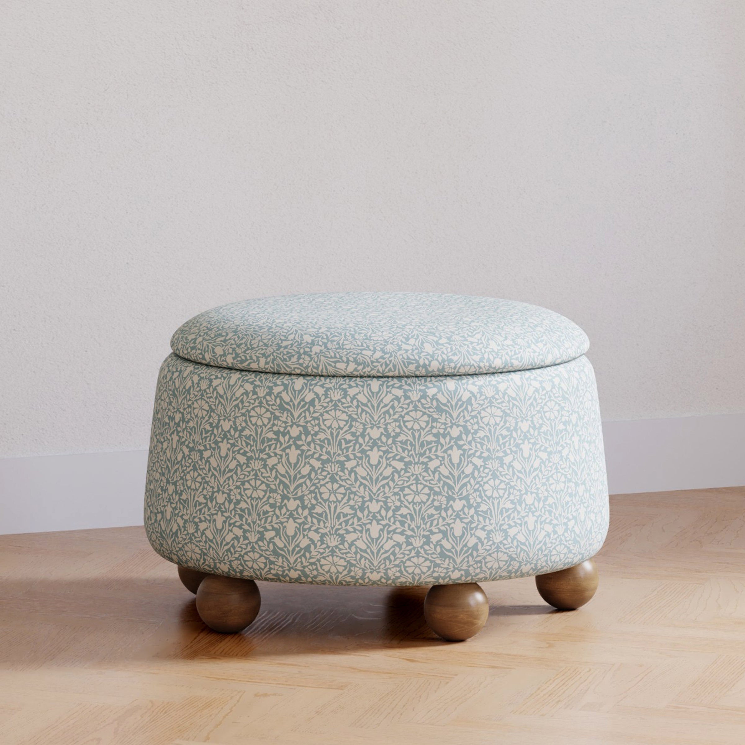 M30985BPBDF,Tuffet Storage Ottoman Bellflowers in Powdered Blue w/DarkWood Ball Feet