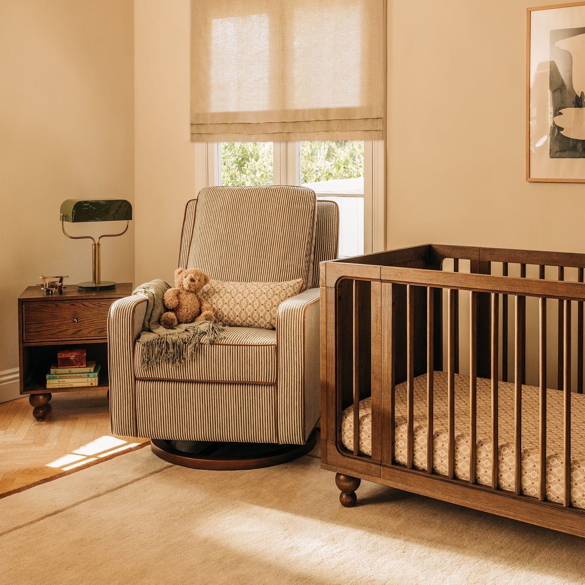 M23085OSCTB,Nate Berkus x Babyletto Sigi Power Recliner in Perf Olive Stripe Eco-Crossweave w/Toffee Base