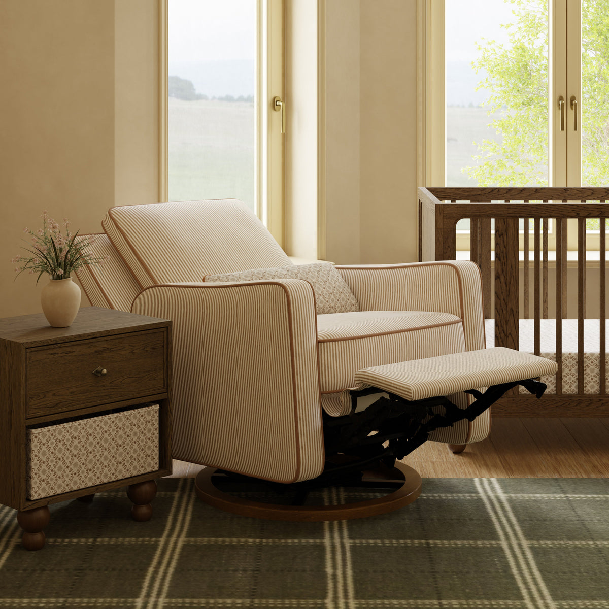 M23085BSCTB,Nate Berkus x Babyletto Sigi Power Recliner in Perf Bronze Stripe Eco-Crossweave w/Toffee Base