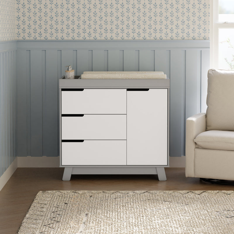 M4223GW,Hudson 3-Drawer Changer Dresser w/Removable Changing Tray in Grey/White