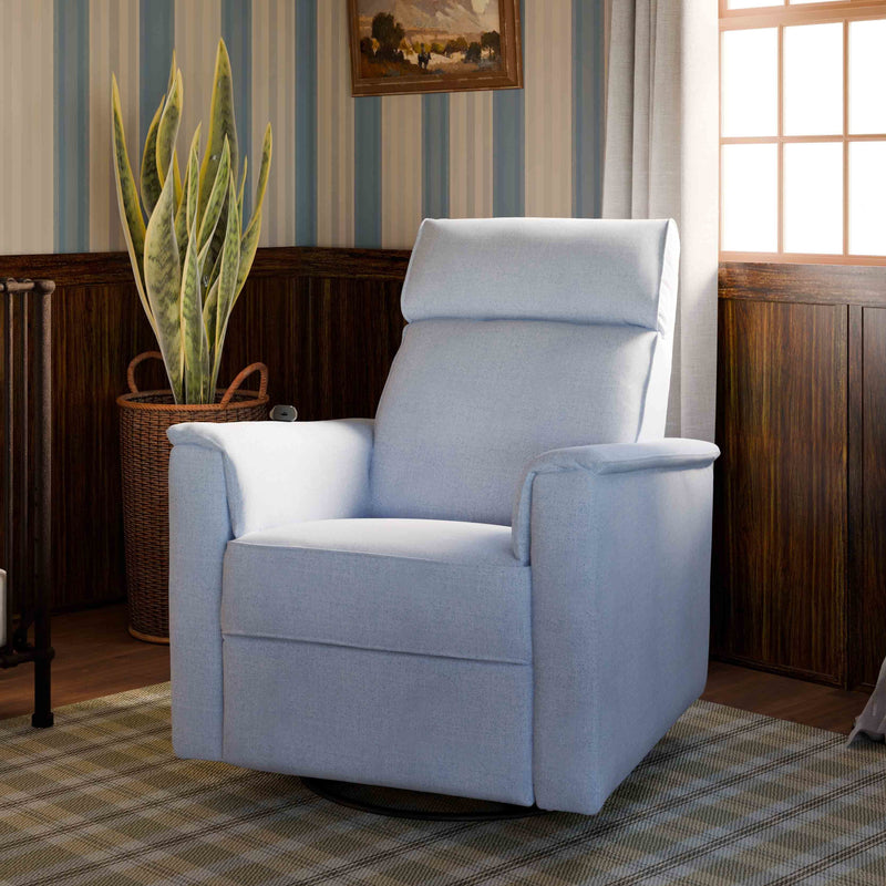 M17183PCET,Willa Deluxe Power Glider Recliner w/Heat&Massage in Performance Blue Chambray Eco-Twill