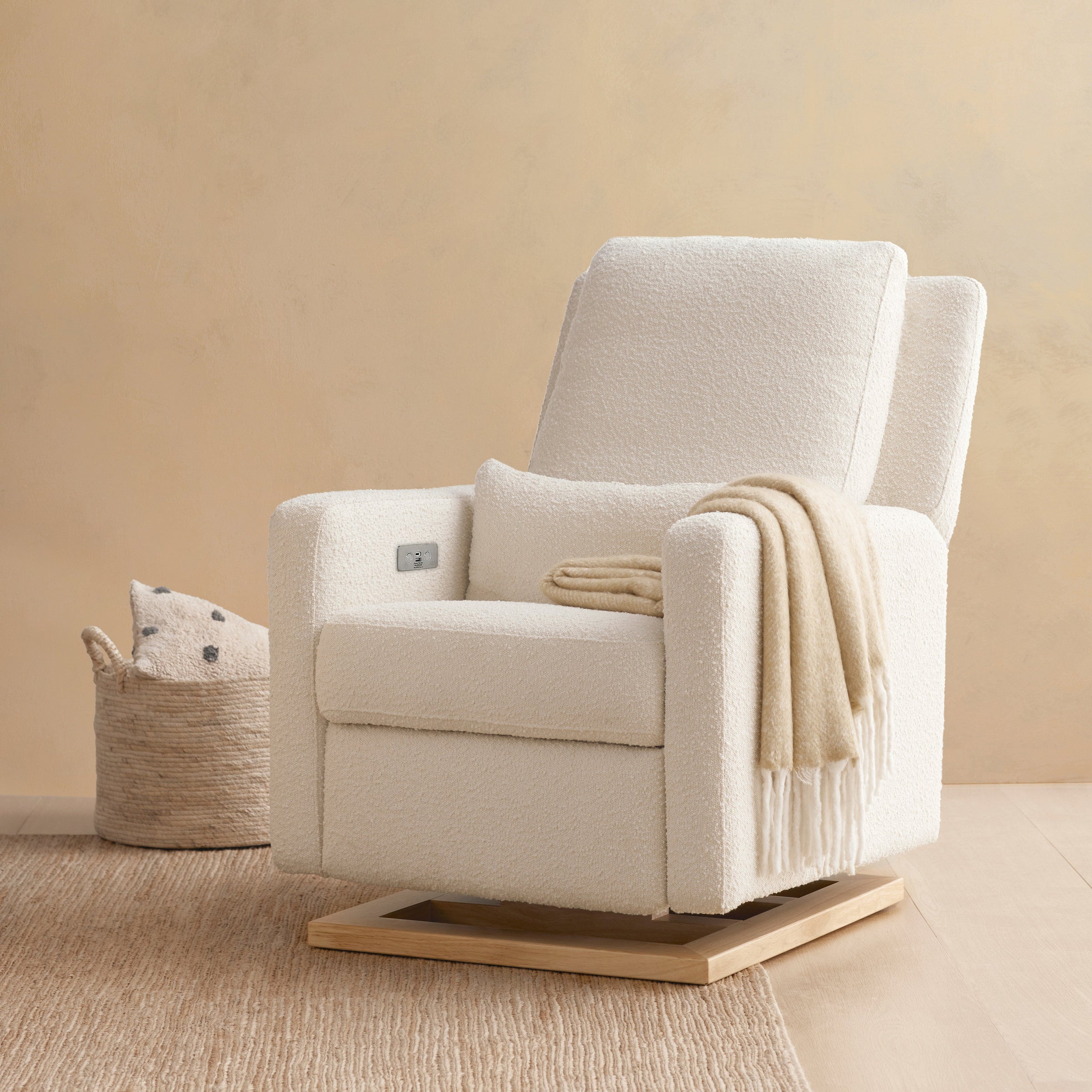 M23085WBLB,Sigi Glider Recliner w/ Electronic Control and USB in Ivory Boucle w/ Light Wood Base