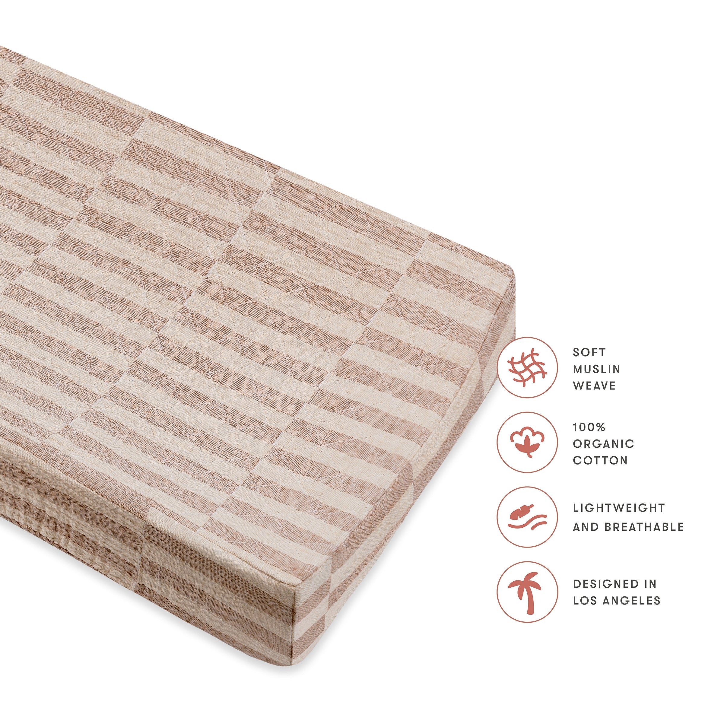 T30637,Cocoa Stripe Quilted Muslin Changing Pad Cover in GOTS Certified Organic Cotton