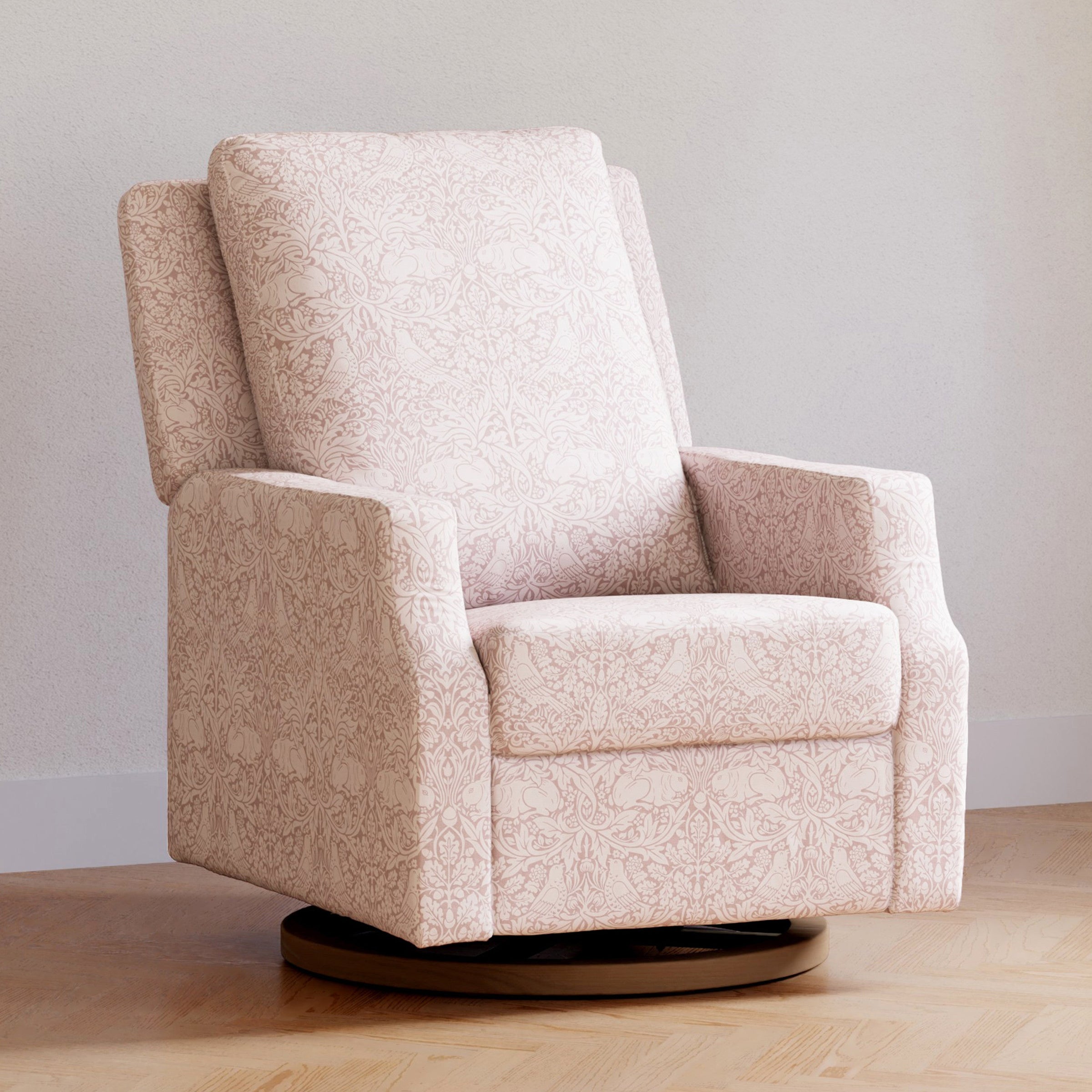 M22287PBRRDB,Crewe Recliner and Swivel Glider in Pure Brer Rabbit in Rose w/Dark Wood Base