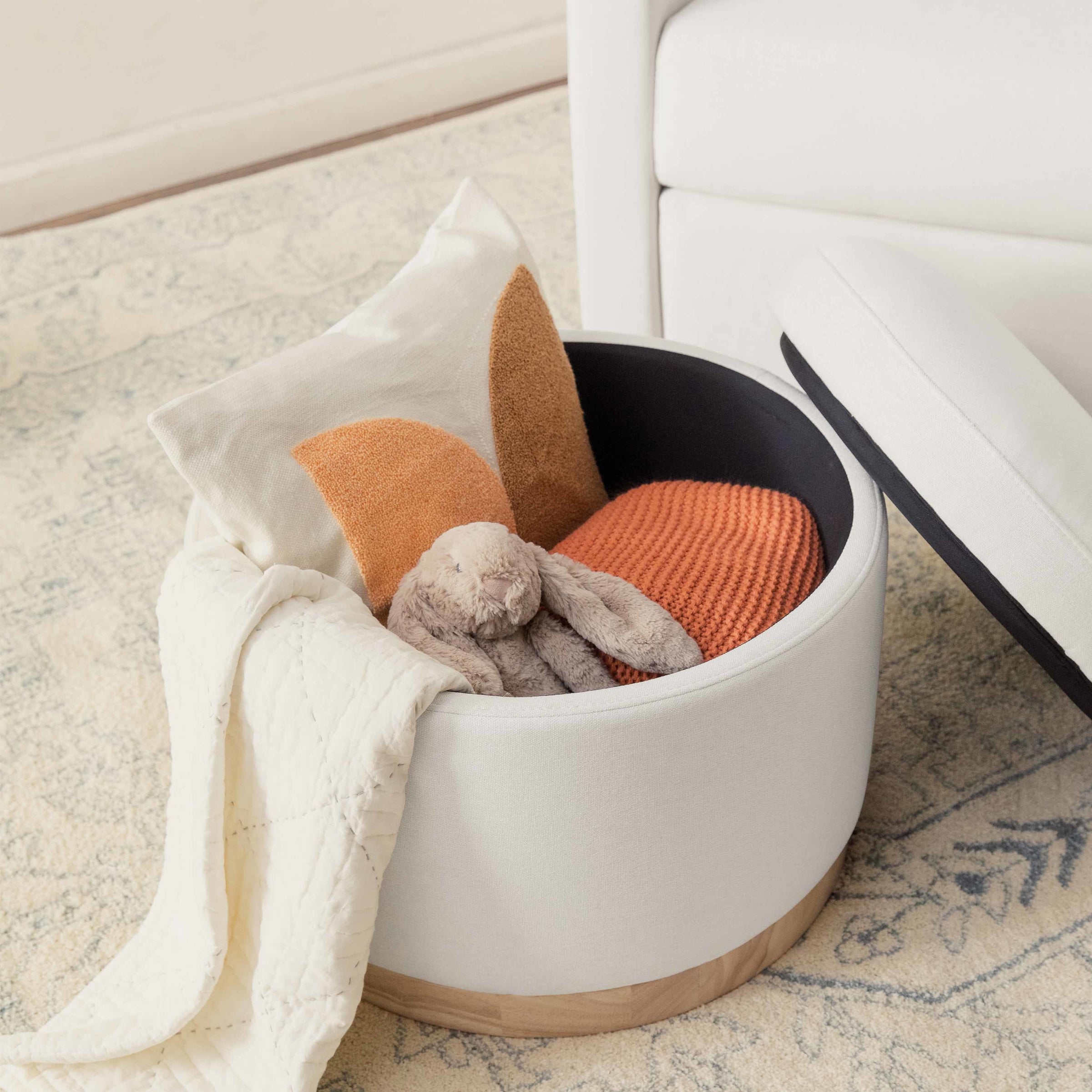 M22885PCMEWLB,Naka Storage Ottoman in Performance Cream Eco-Weave w/ Light wood base
