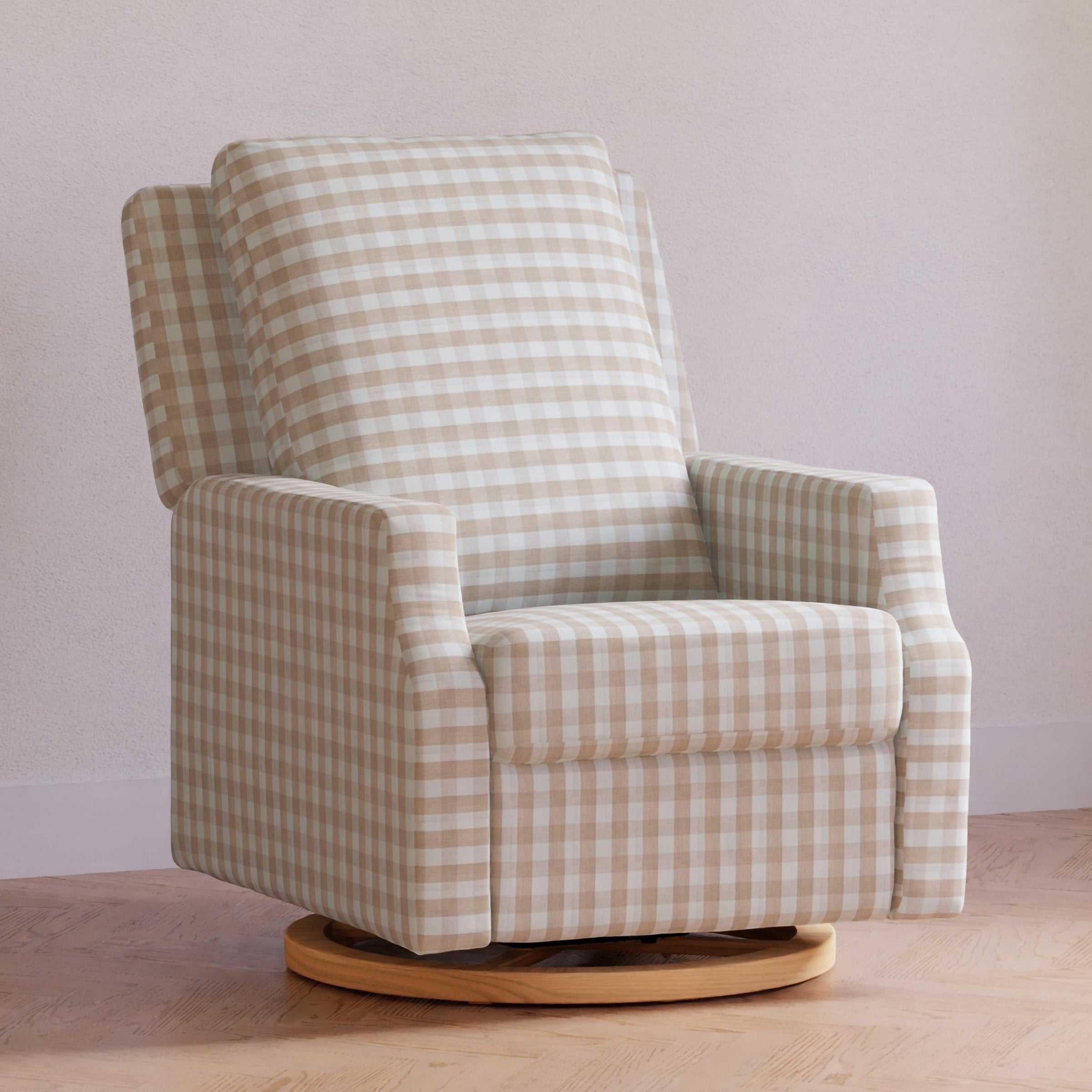 M22286TGHLB,Crewe Electronic Swivel Glider Recliner in Tan Gingham with Light Wood Base
