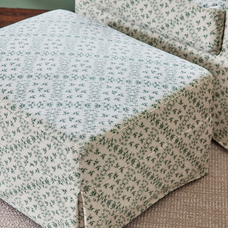 M21785GLT,Sarah Flint x Namesake Crawford Gliding Ottoman in Green Lattice Performance Eco-Weave