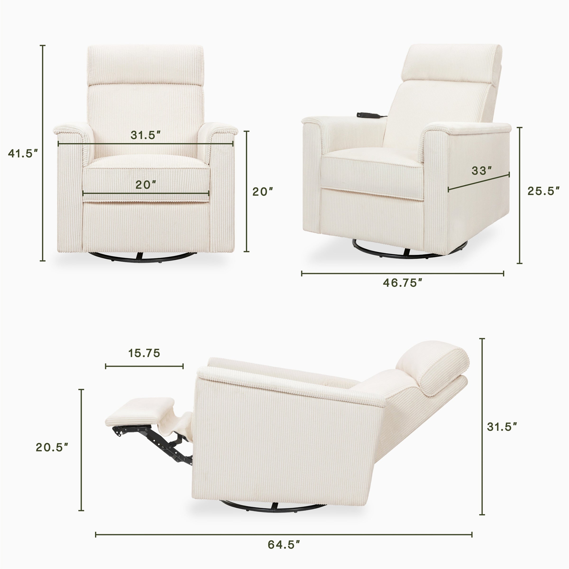 B17183YC,Willa Deluxe Power Glider Recliner w/Heat&Massage in Ivory Corduroy