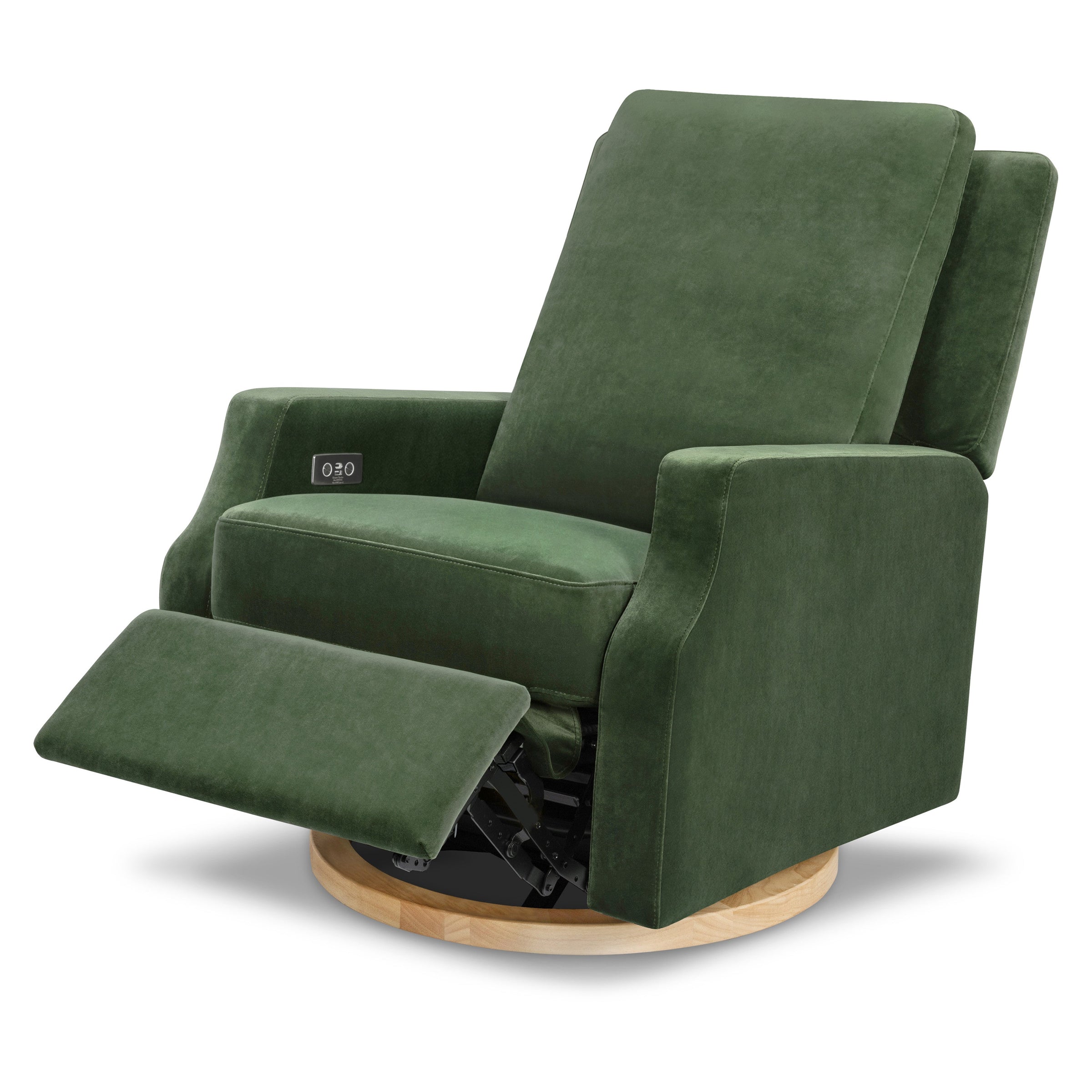 M22286FGVLB,Crewe Electronic Swivel Glider Recliner in Forest Green Velvet w/Light Wood Base