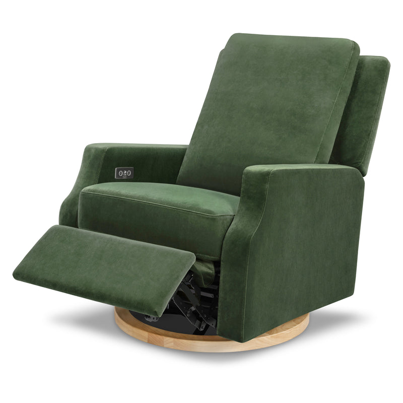 M22286FGVLB,Crewe Electronic Swivel Glider Recliner in Forest Green Velvet w/Light Wood Base
