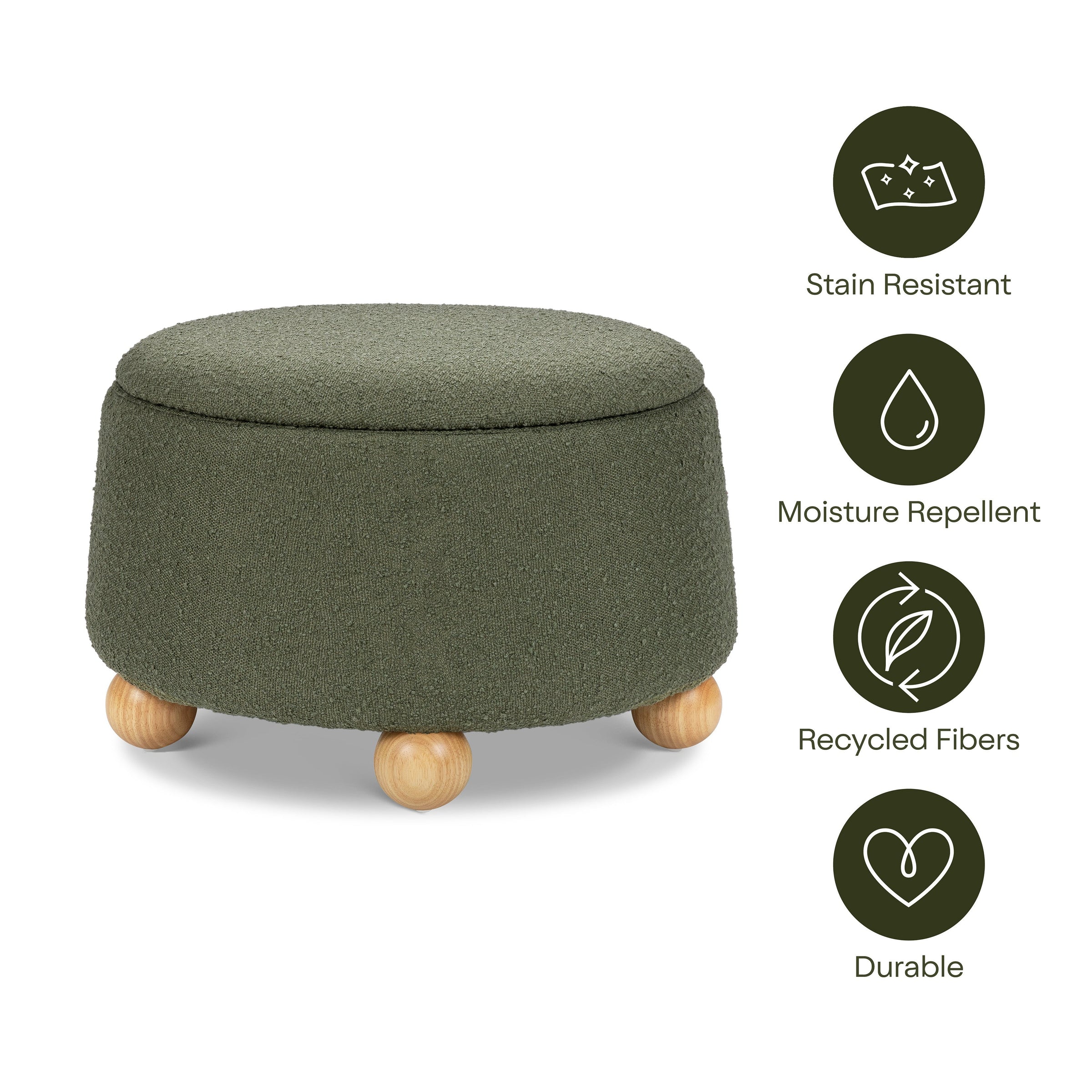 M30985POBHF,Tuffet Storage Ottoman in Performance Olive Boucle w/Honey Ball Feet
