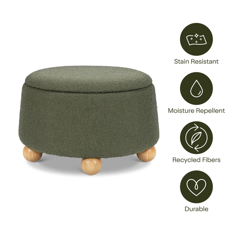 M30985POBHF,Tuffet Storage Ottoman in Performance Olive Boucle w/Honey Ball Feet