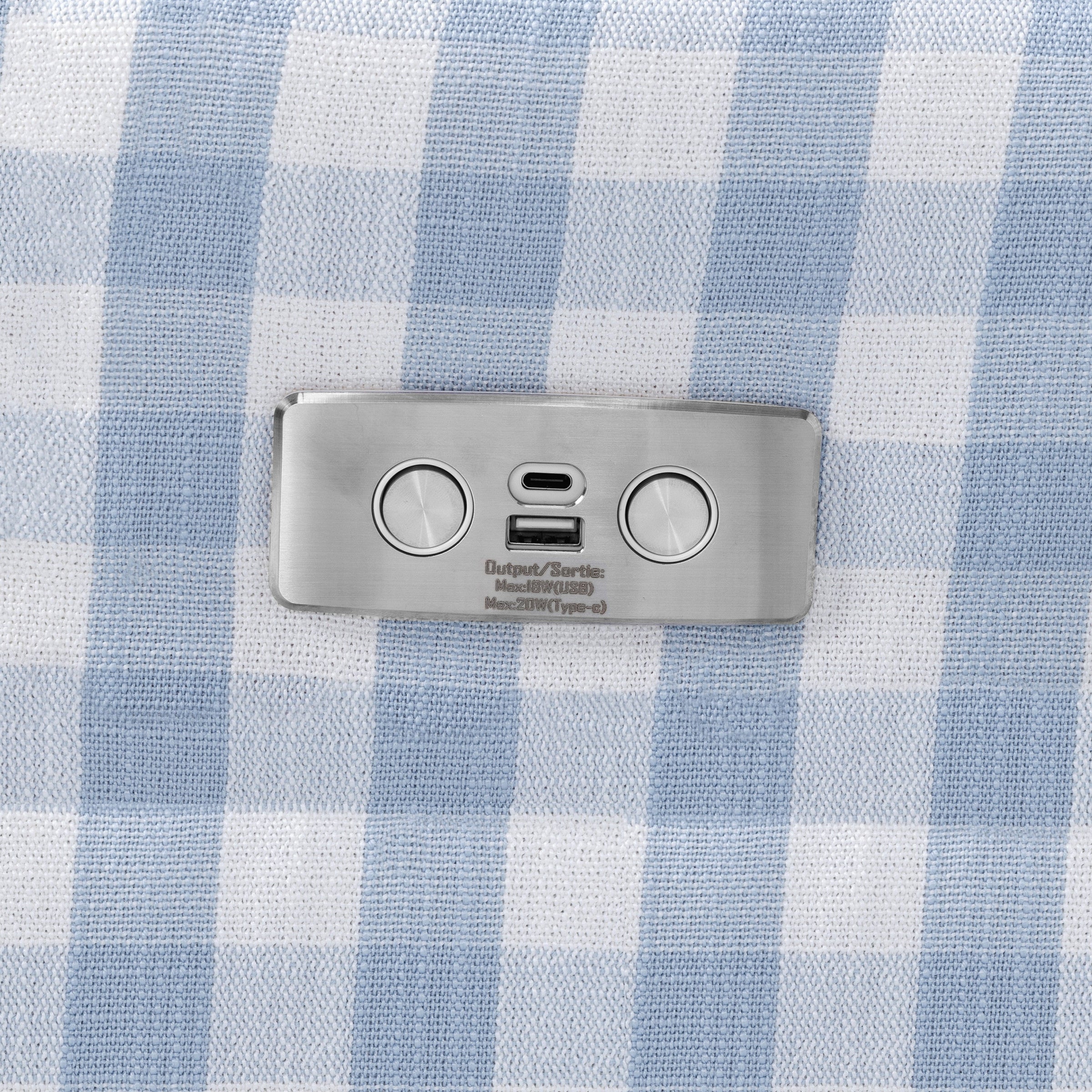 M22286BGHLB,Crewe Electronic Swivel Glider Recliner in Blue Gingham with Light Wood Base