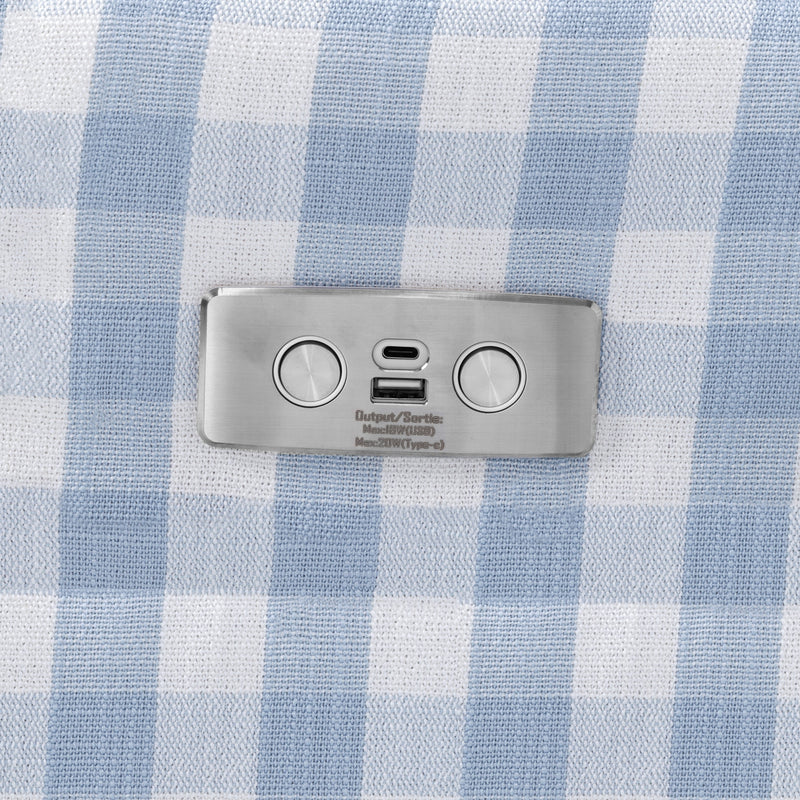 M22286BGHLB,Crewe Electronic Swivel Glider Recliner in Blue Gingham with Light Wood Base