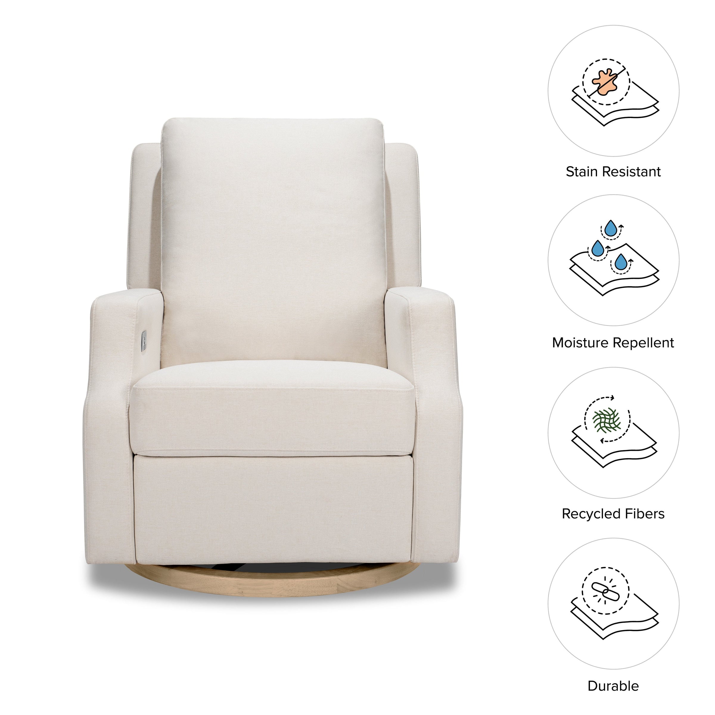 M22286PCMEWLB,Crewe Electronic Swivel Glider Recliner in Performance Cream Eco-Weave w/Light Wood Base