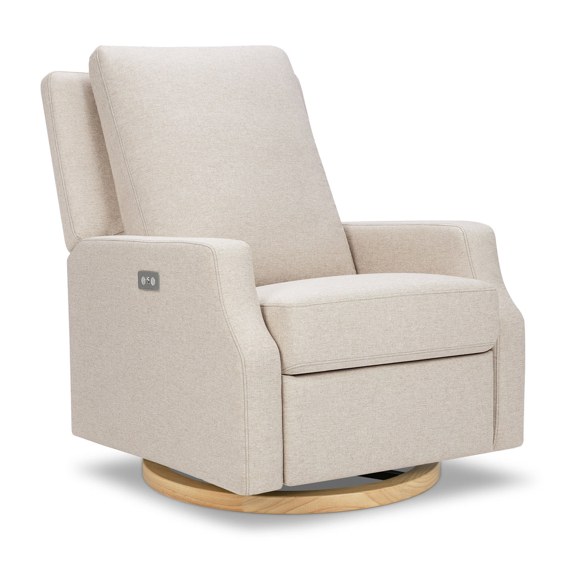 M22286PBEWLB,Crewe Electronic Swivel Glider Recliner in Performance Beach Eco-Weave w/Light Wood Base