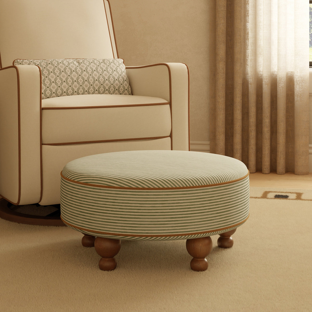 M33385OSCTF,Nate Berkus x Babyletto Astre Ottoman in Perf Olive Stripe Eco-Crossweave w/Toffee feet
