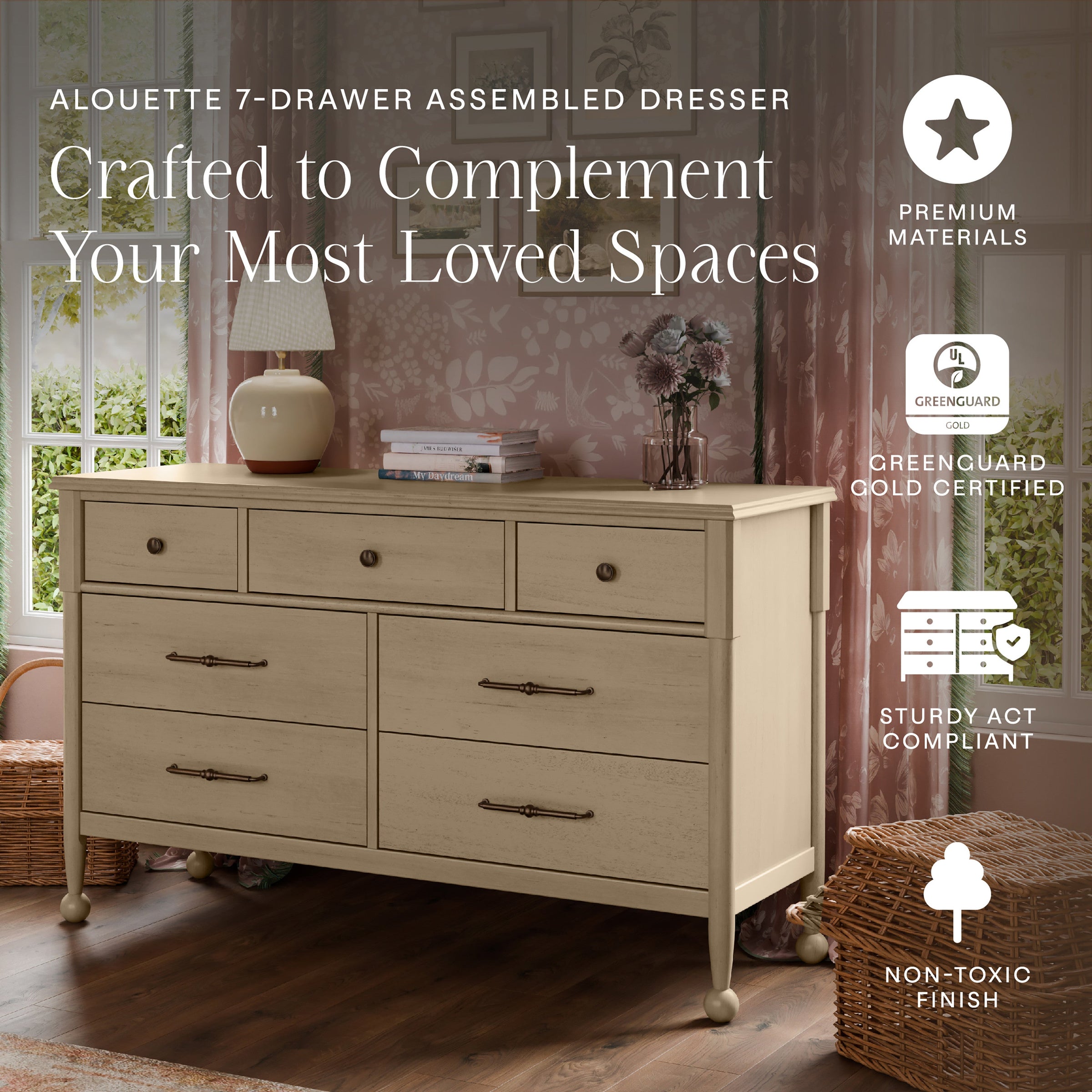 M31416WP,Alouette 7-Drawer Assembled Dresser in Washed Pine
